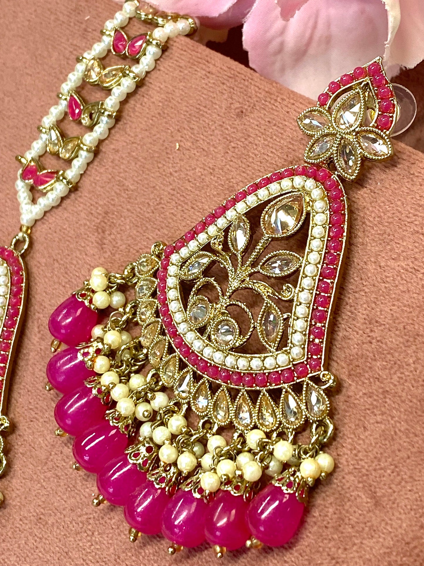 Large Earring and Tikka Set- Fushsia/Flat Earring Indian/ Pakistani Style