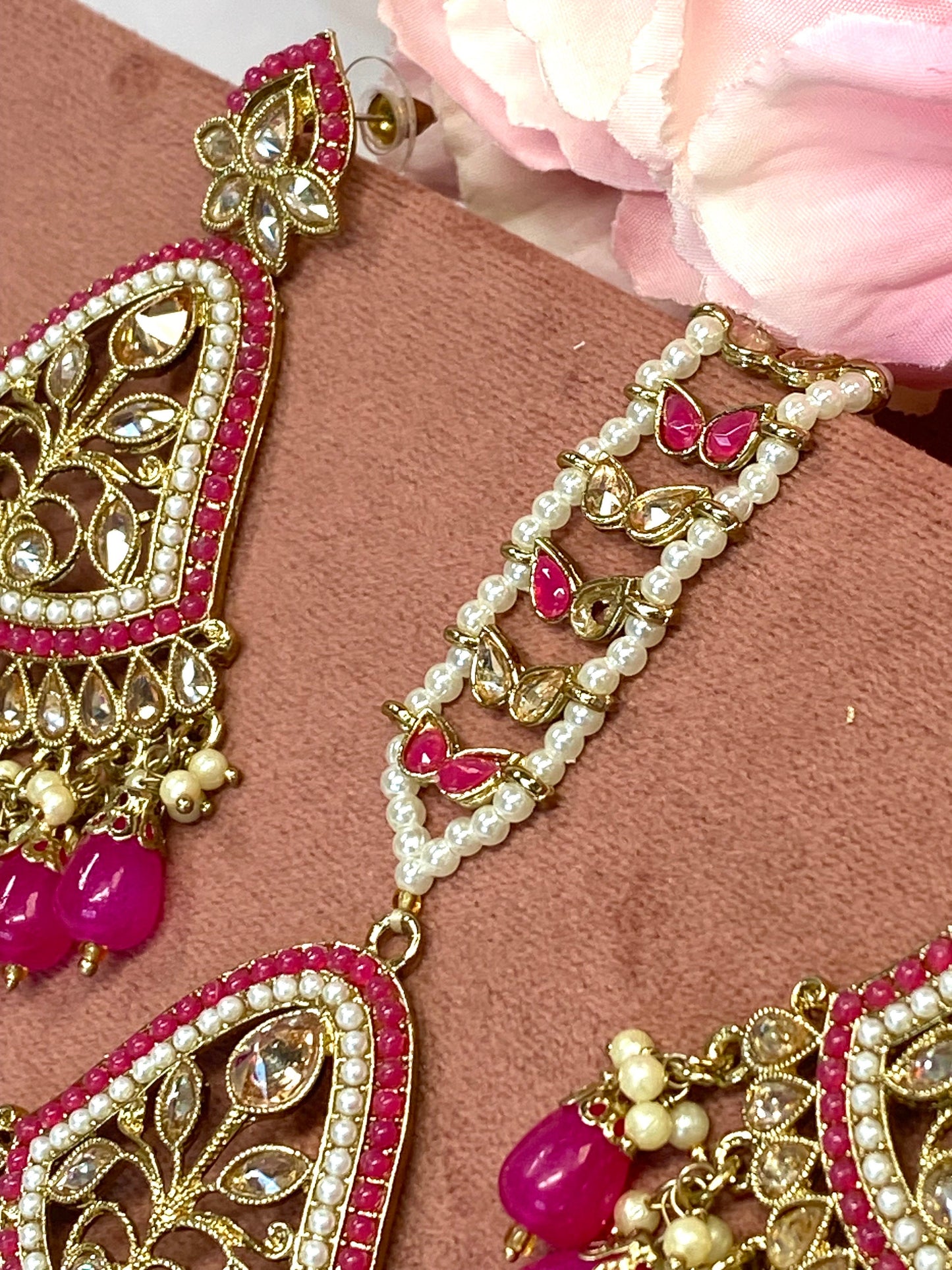 Large Earring and Tikka Set- Fushsia/Flat Earring Indian/ Pakistani Style