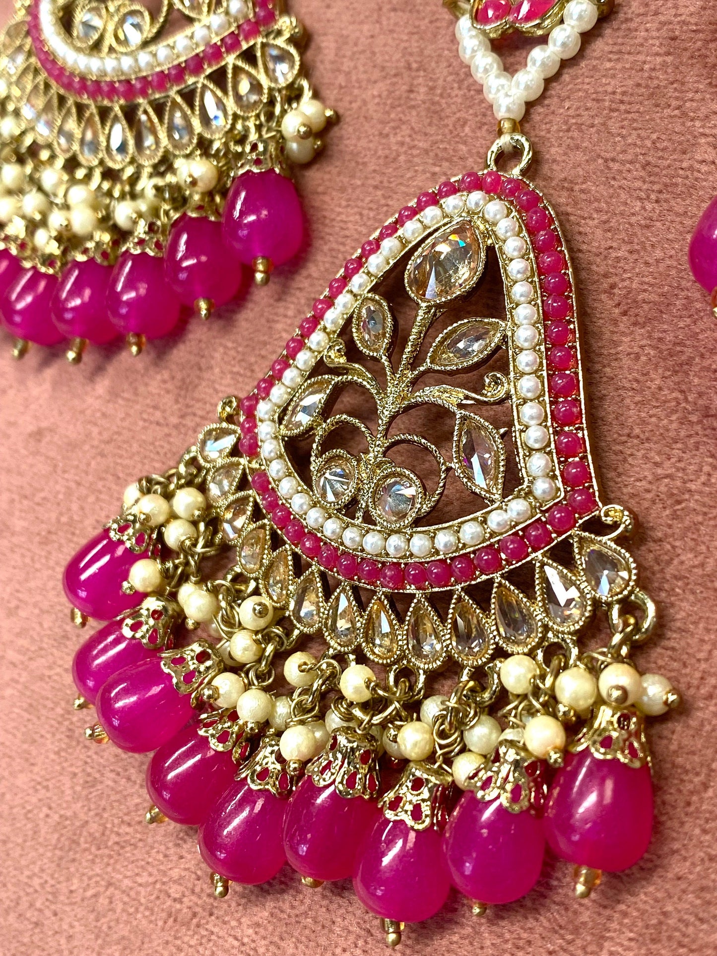 Large Earring and Tikka Set- Fushsia/Flat Earring Indian/ Pakistani Style