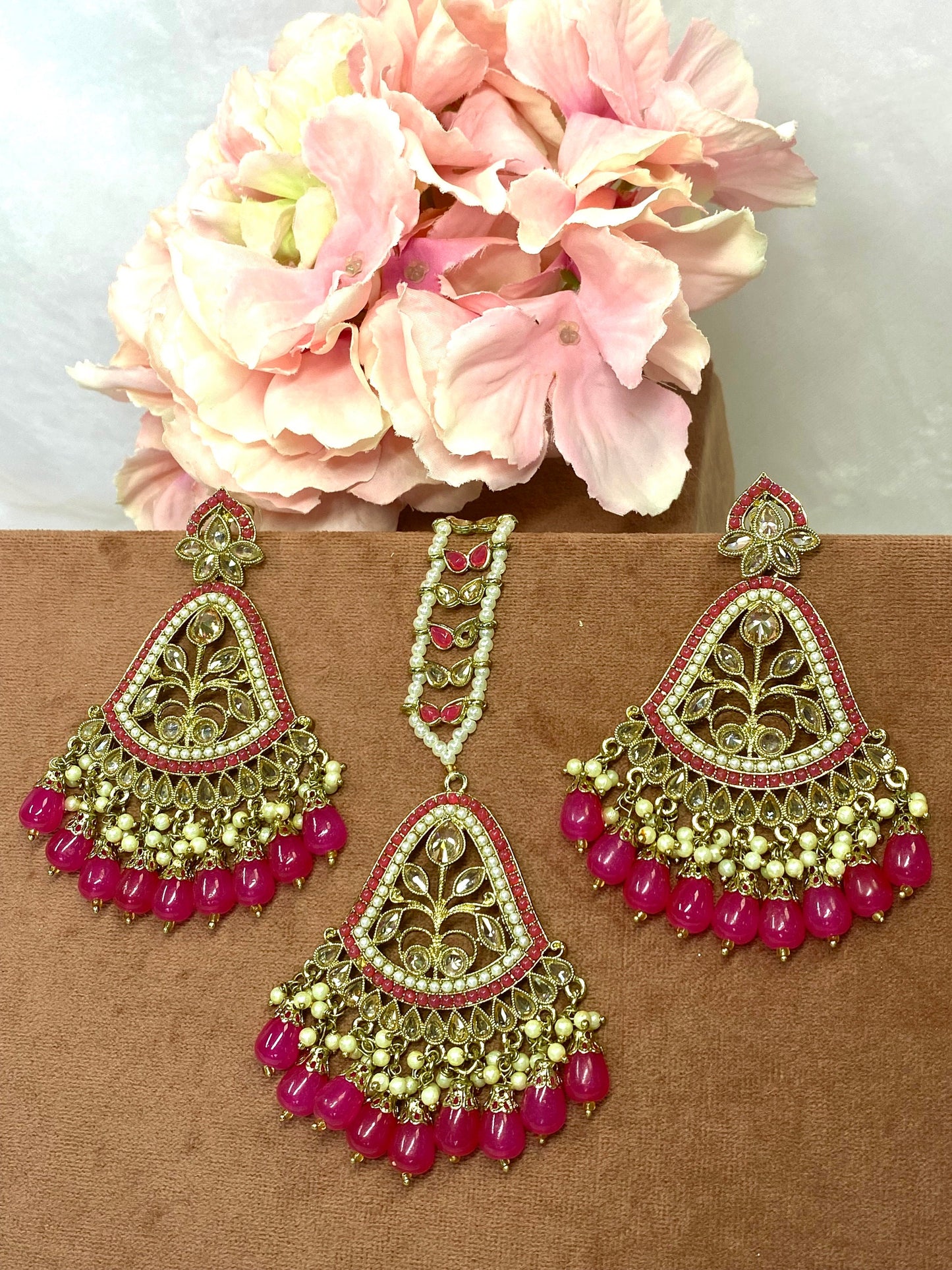 Large Earring and Tikka Set- Fushsia/Flat Earring Indian/ Pakistani Style
