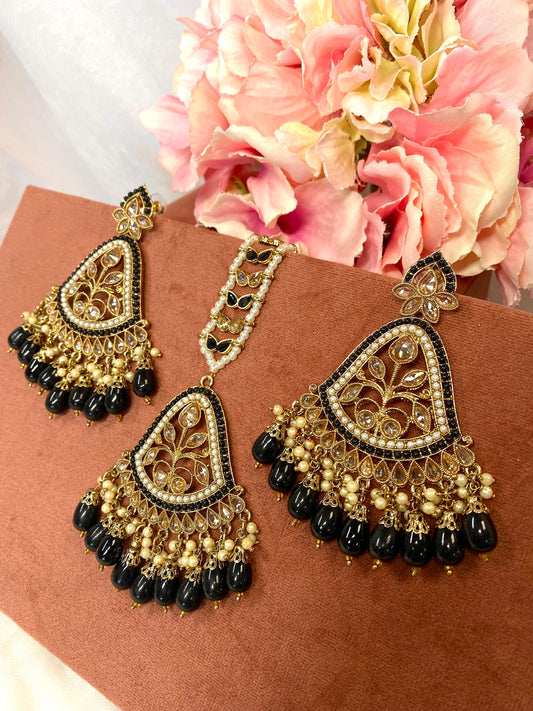 Large Earring and Tikka Set- Black/Flat Earring Indian/ Pakistani Style