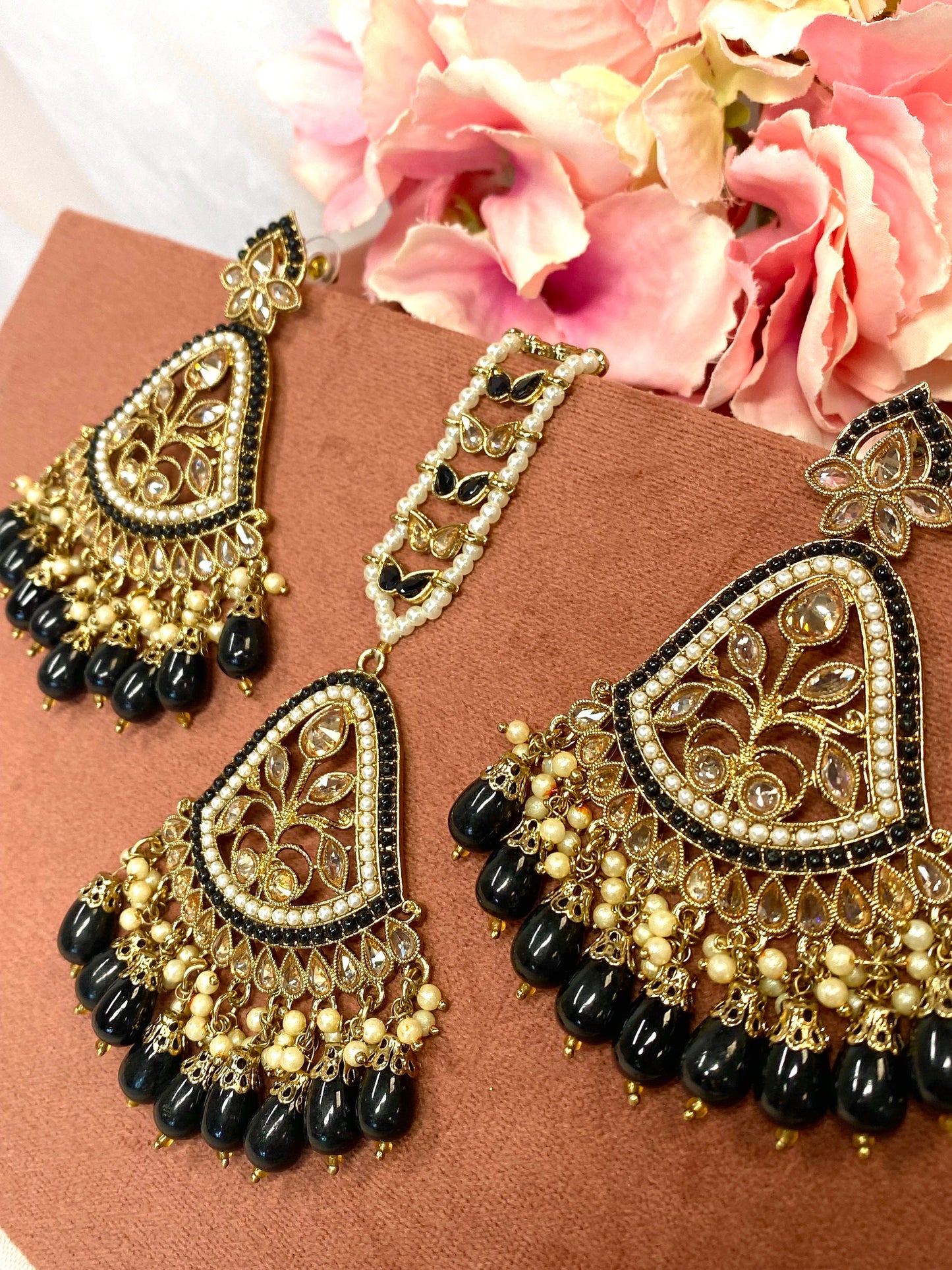 Large Earring and Tikka Set- Black/Flat Earring Indian/ Pakistani Style