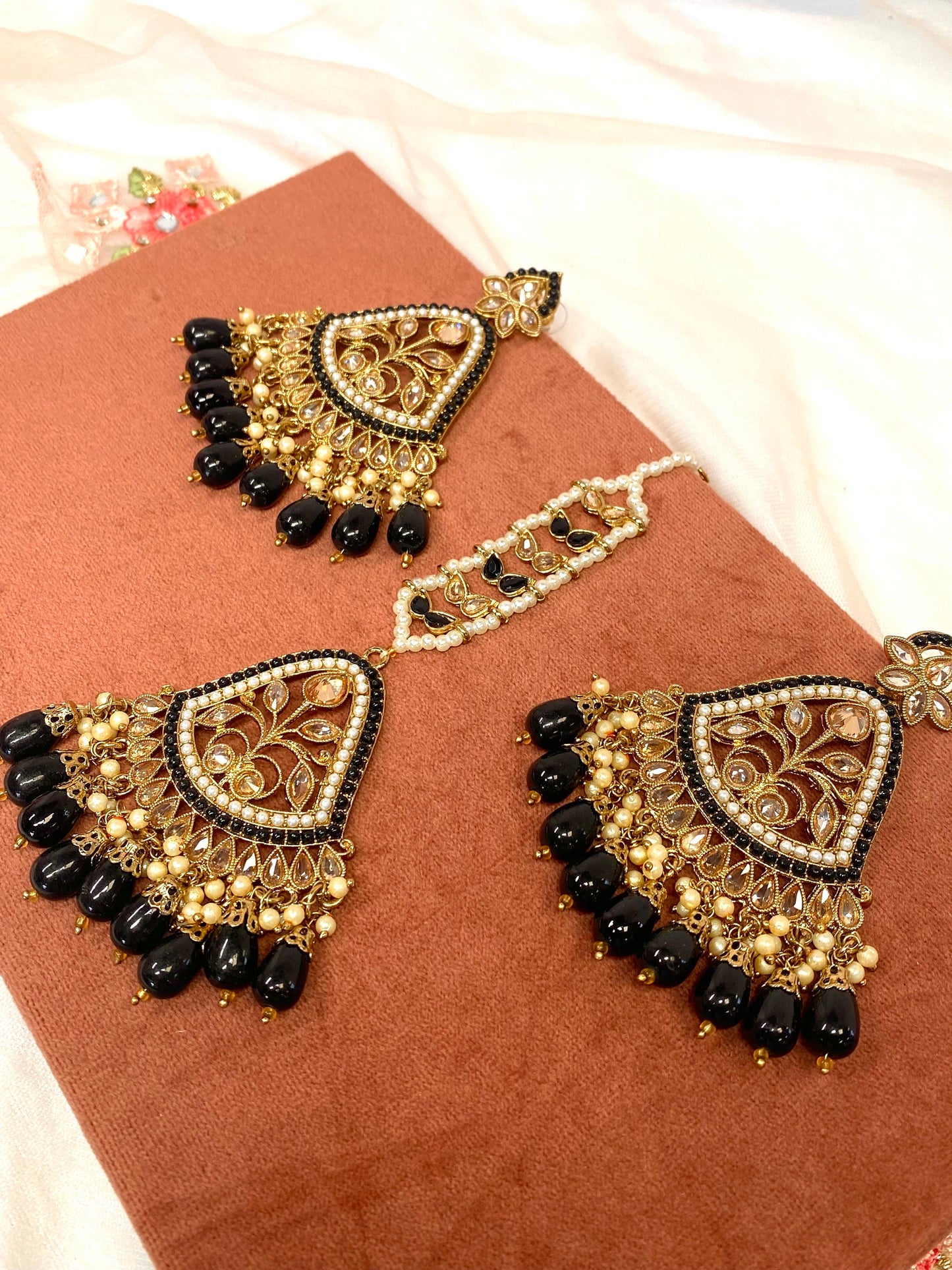 Large Earring and Tikka Set- Black/Flat Earring Indian/ Pakistani Style