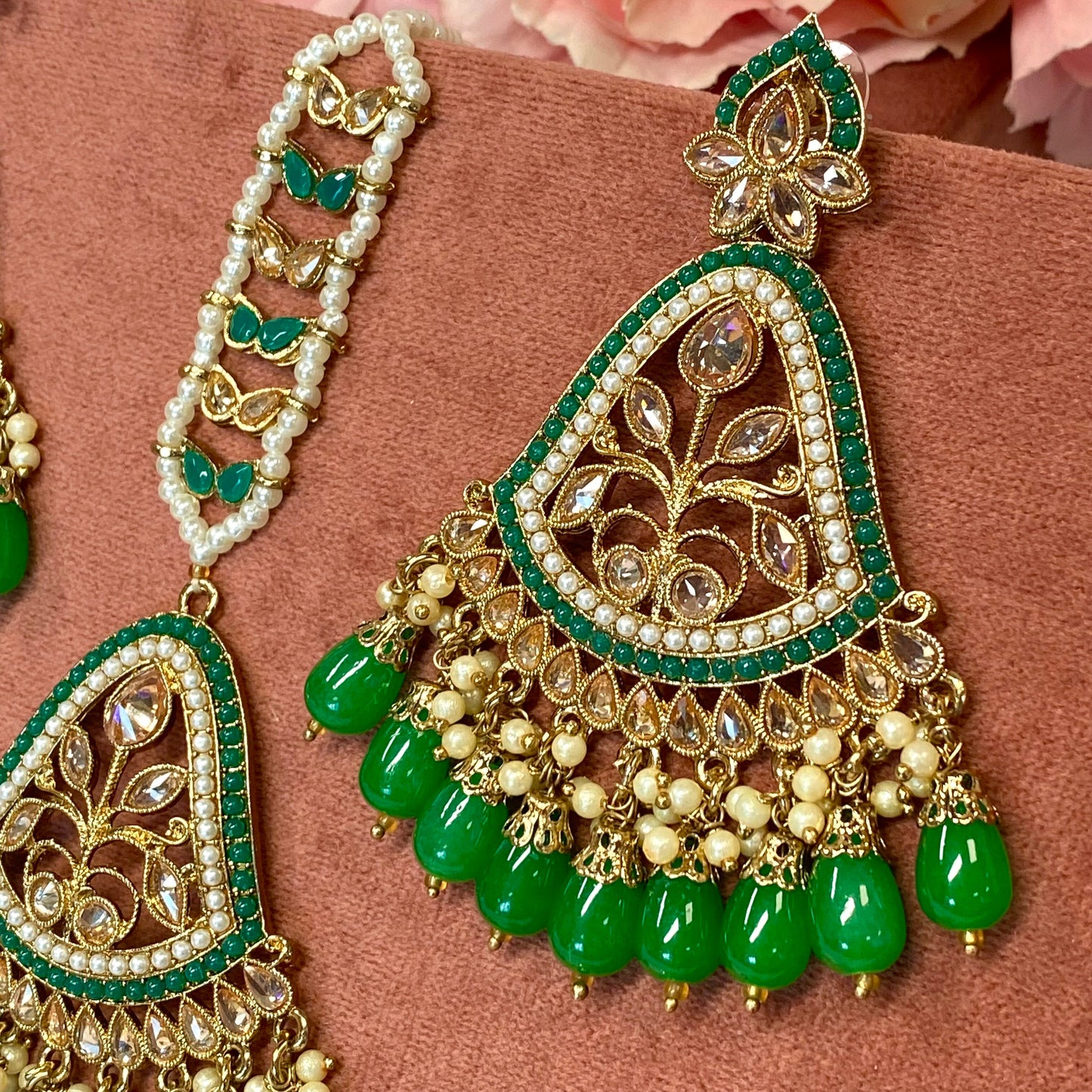 Large Earring and Tikka Set- Green/Meenakari/ Indian/ Pakistani Style/