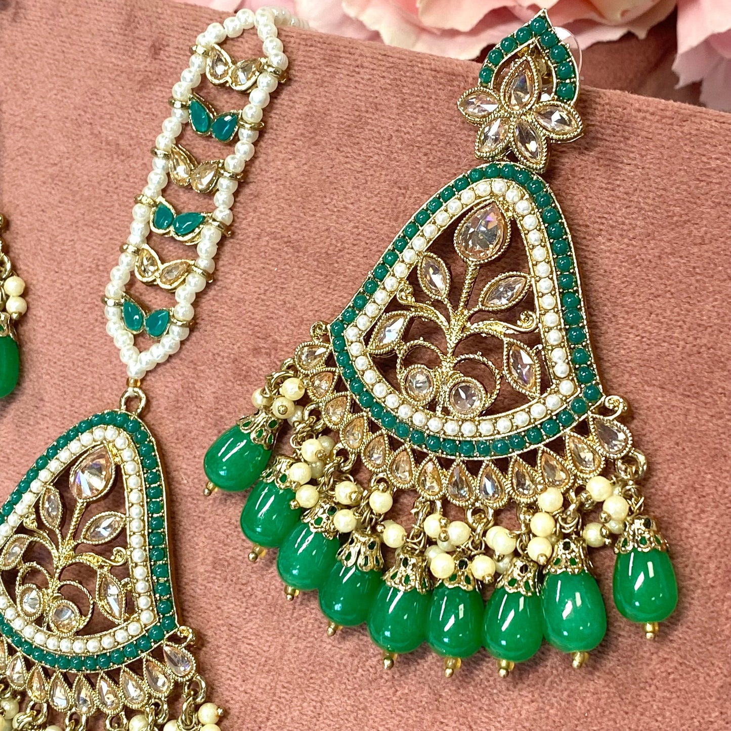 Large Earring and Tikka Set- Green/Meenakari/ Indian/ Pakistani Style/