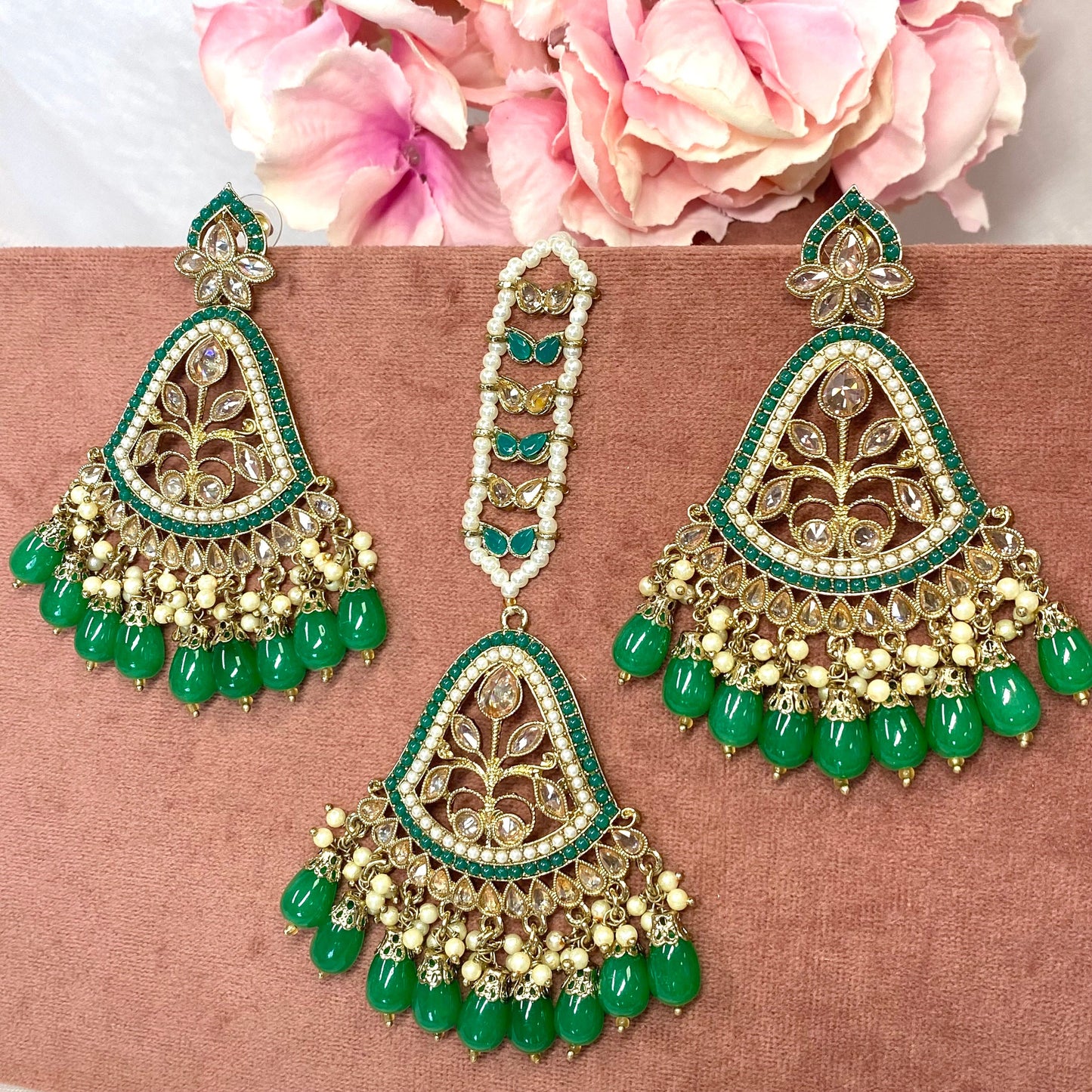 Large Earring and Tikka Set- Green/Meenakari/ Indian/ Pakistani Style/