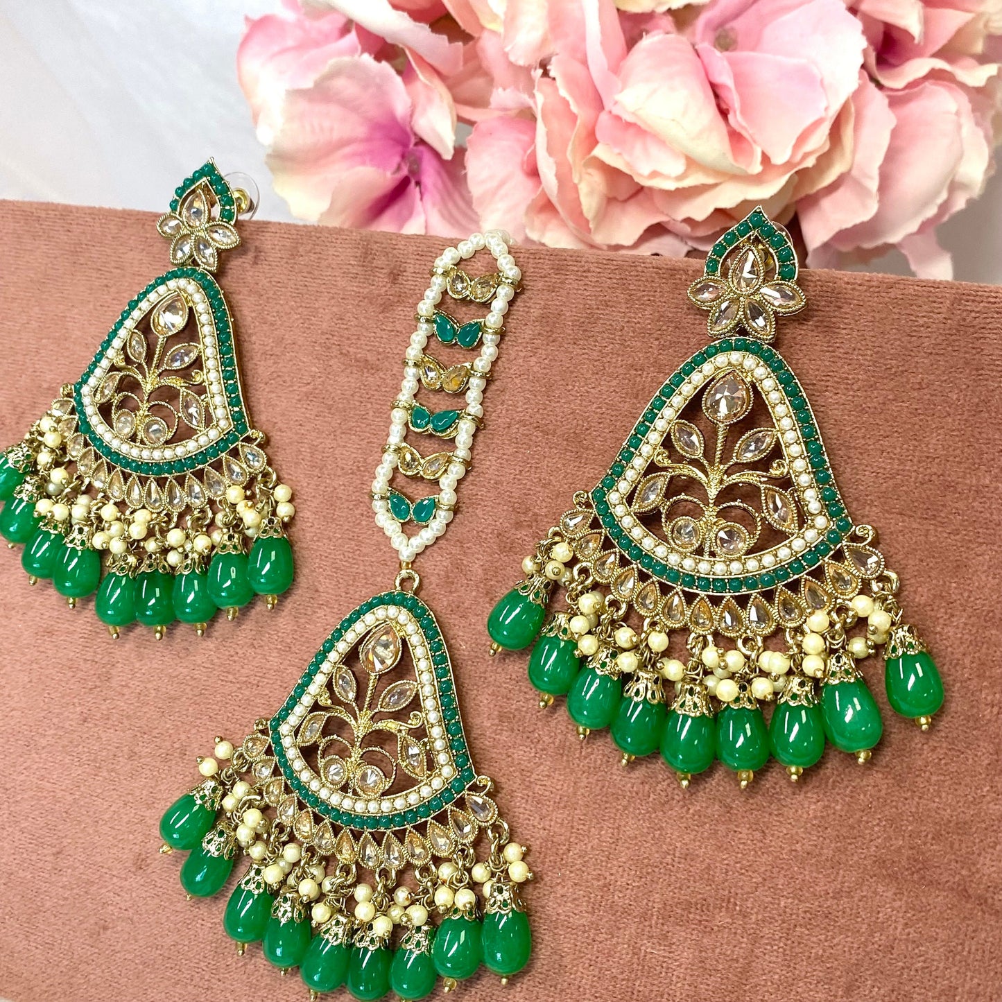 Large Earring and Tikka Set- Green/Meenakari/ Indian/ Pakistani Style/