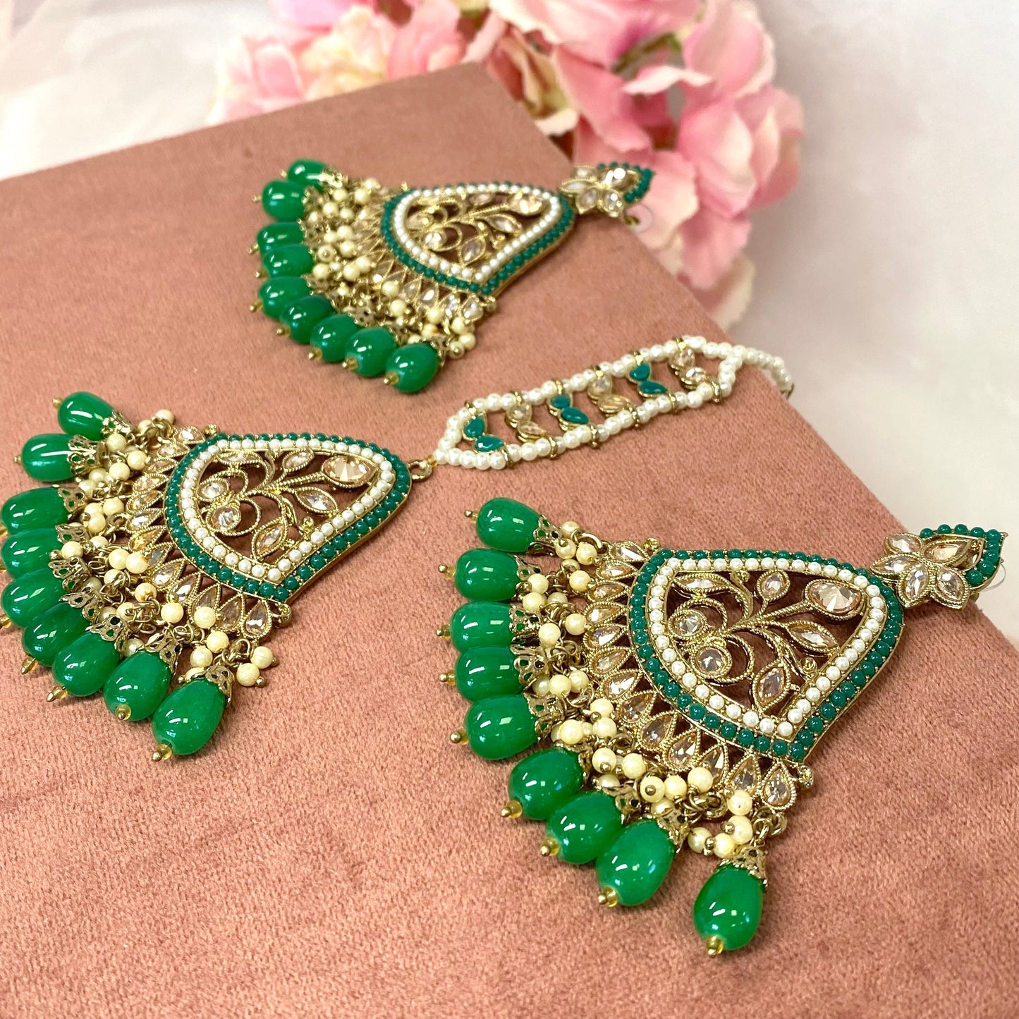 Large Earring and Tikka Set- Green/Meenakari/ Indian/ Pakistani Style/
