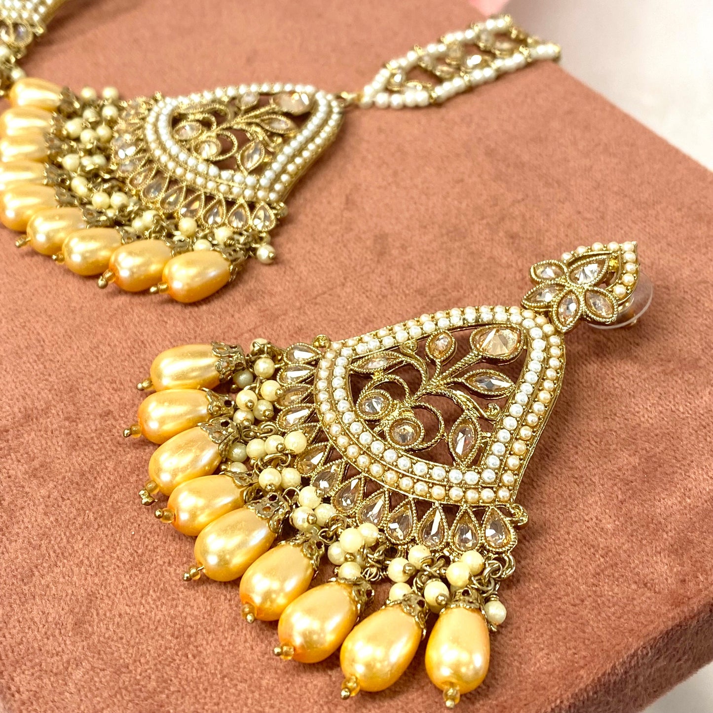 Large Earring and Tikka Set- Champagne Pearl/Flat Earring Indian/ Pakistani Style