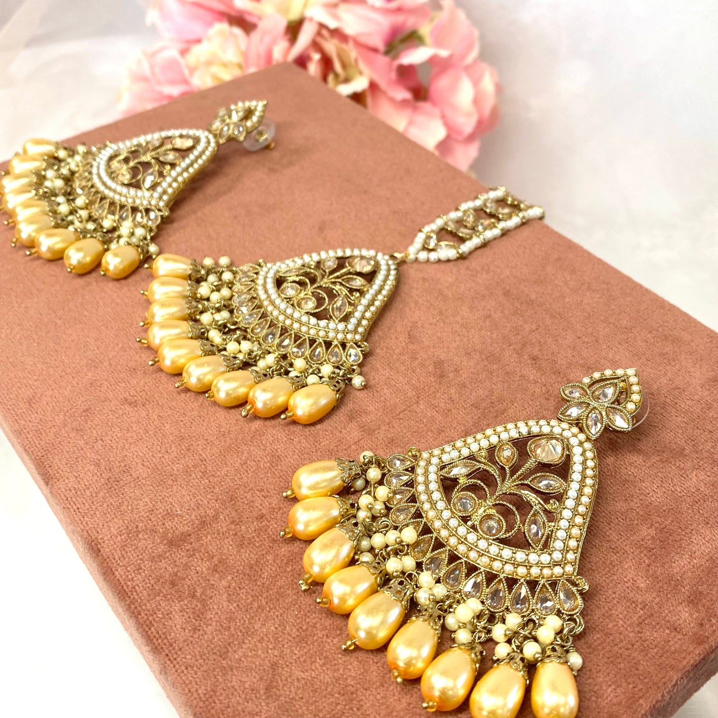 Large Earring and Tikka Set- Champagne Pearl/Flat Earring Indian/ Pakistani Style
