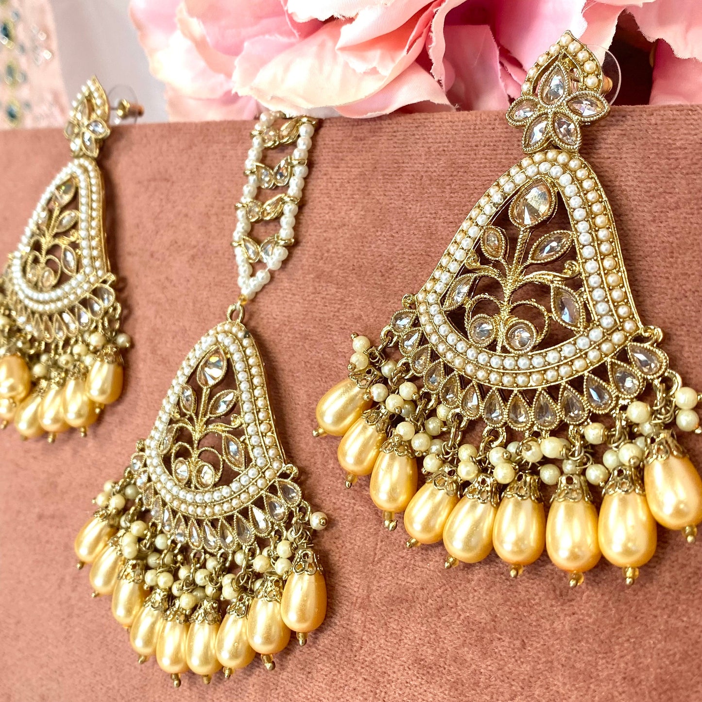 Large Earring and Tikka Set- Champagne Pearl/Flat Earring Indian/ Pakistani Style