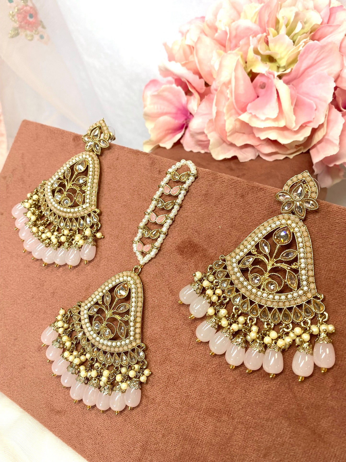 Large Earring and Tikka Set- Light Pink/Flat Earring Indian/ Pakistani Style