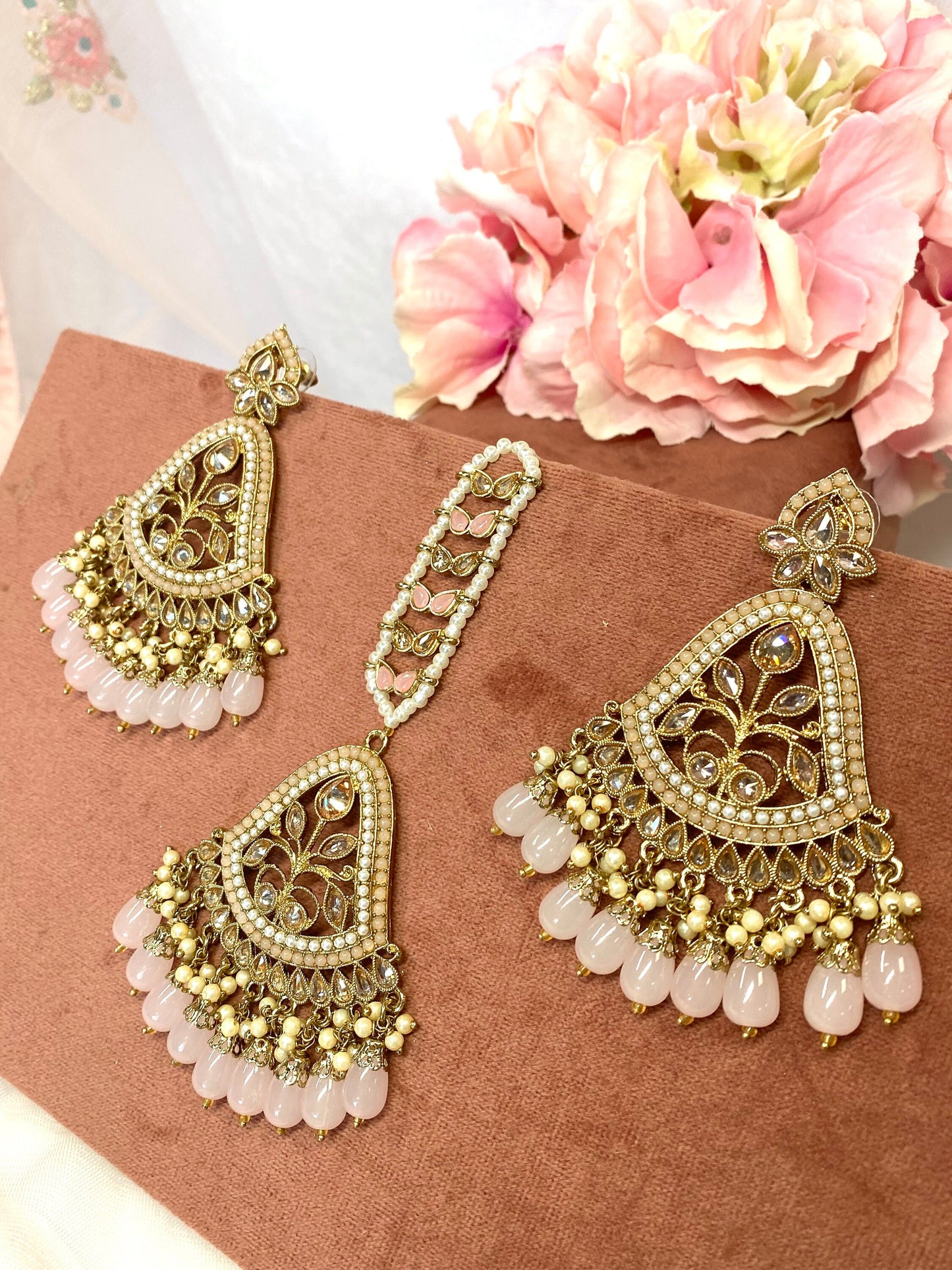 Large Earring and Tikka Set- Light Pink/Flat Earring Indian/ Pakistani Style