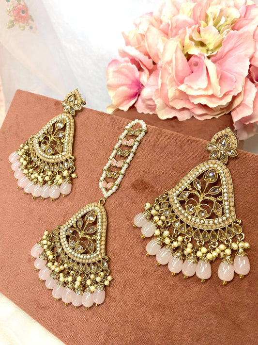 Large Earring and Tikka Set- Light Pink/Flat Earring Indian/ Pakistani Style