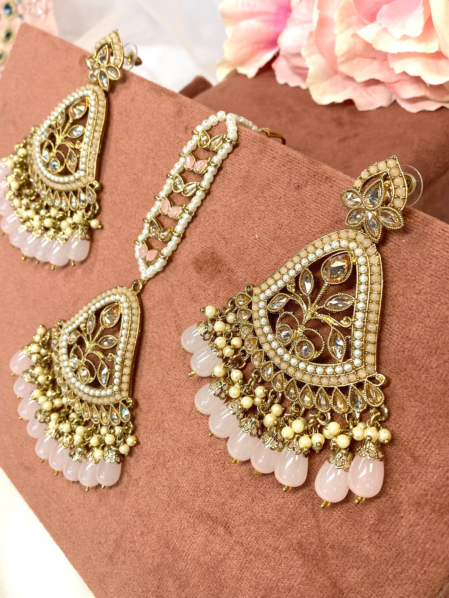 Large Earring and Tikka Set- Light Pink/Flat Earring Indian/ Pakistani Style