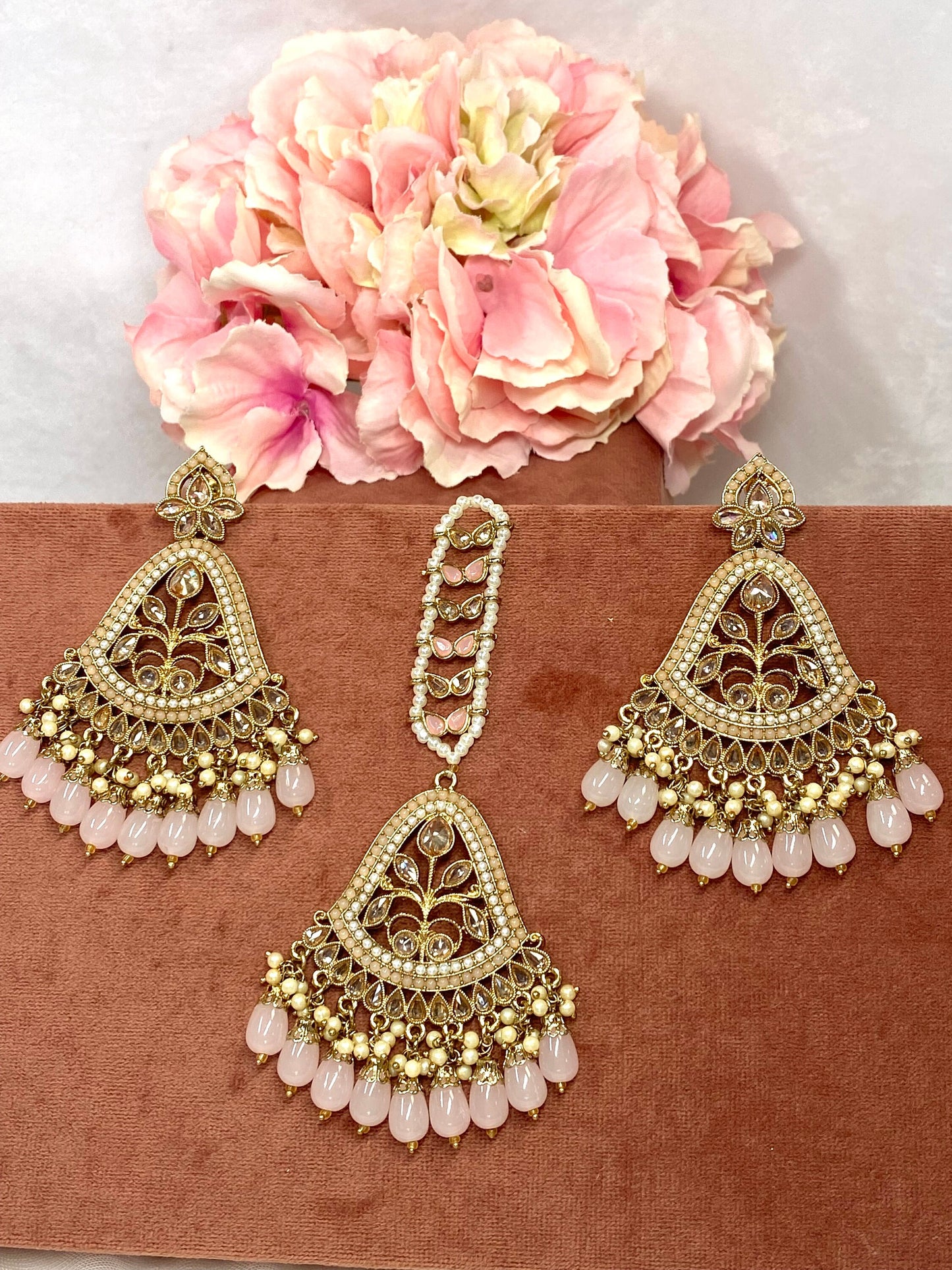 Large Earring and Tikka Set- Light Pink/Flat Earring Indian/ Pakistani Style