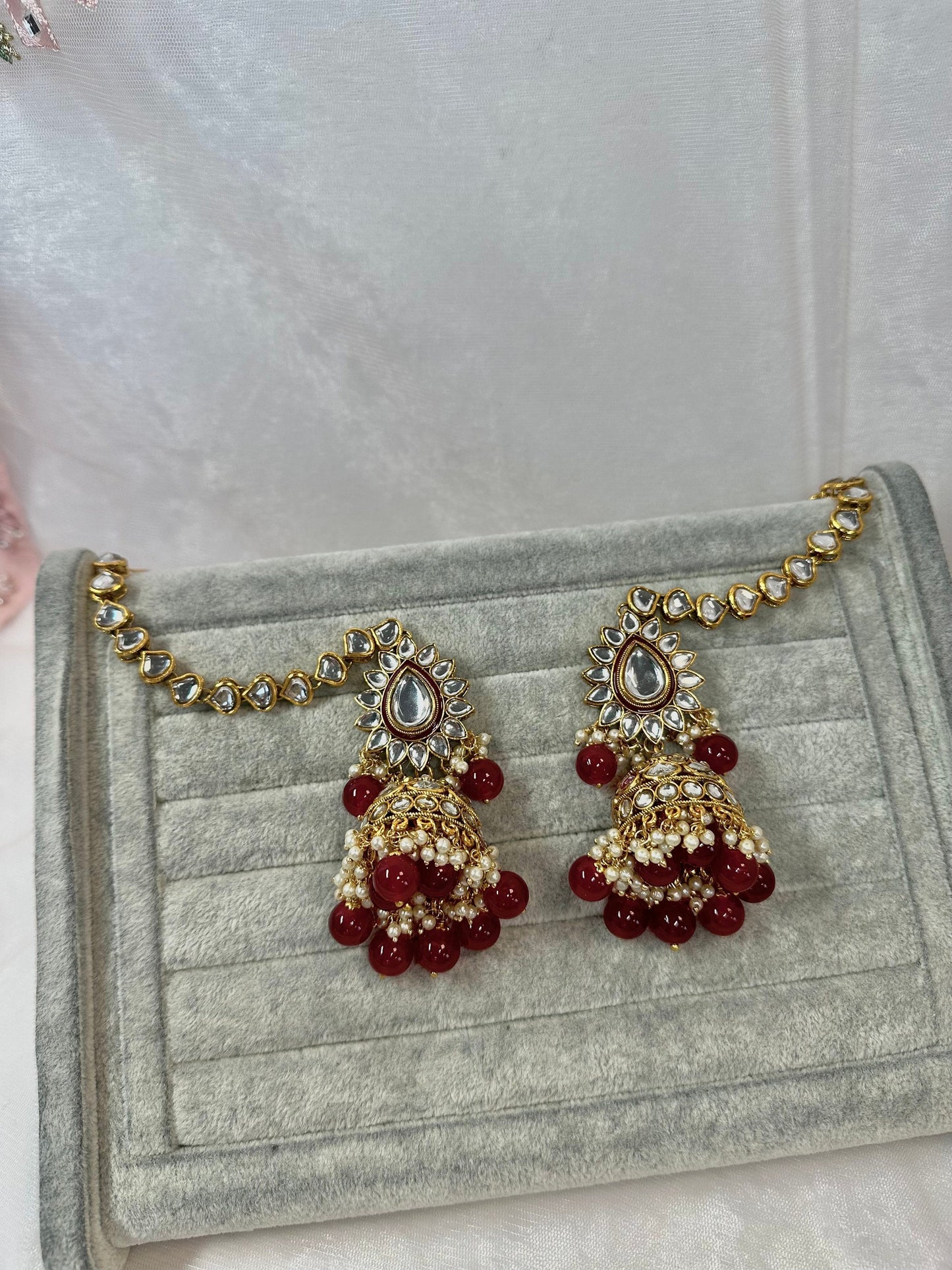 Faux Kudan Jhumka Earrings with Chains - Maroon/Meenakari/ Indian/ Pakistani Style/