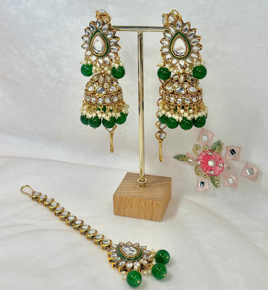 Faux Kundan Jhumka Earrings with Chains - Green