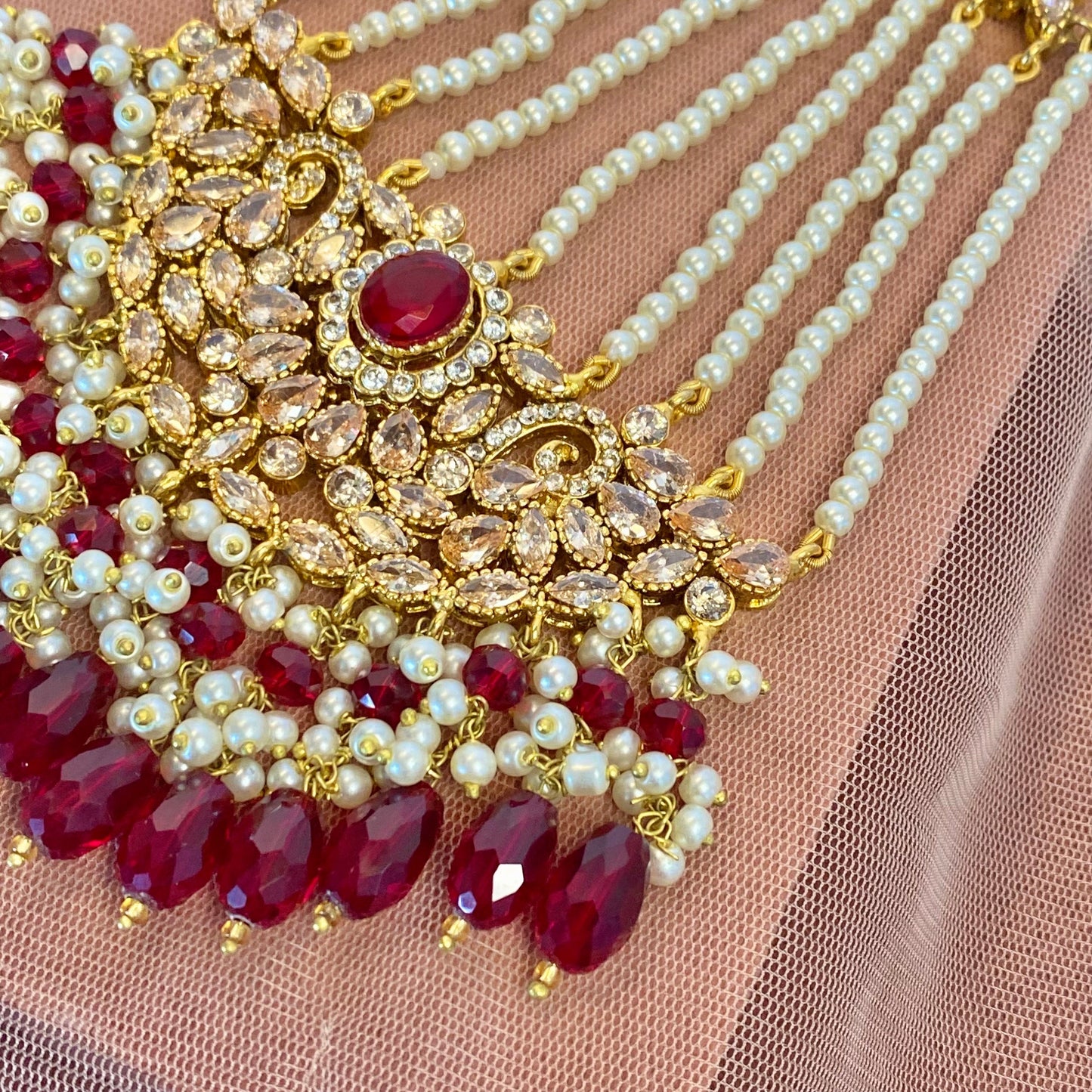 Maroon Pearl Jhumar and Tikka