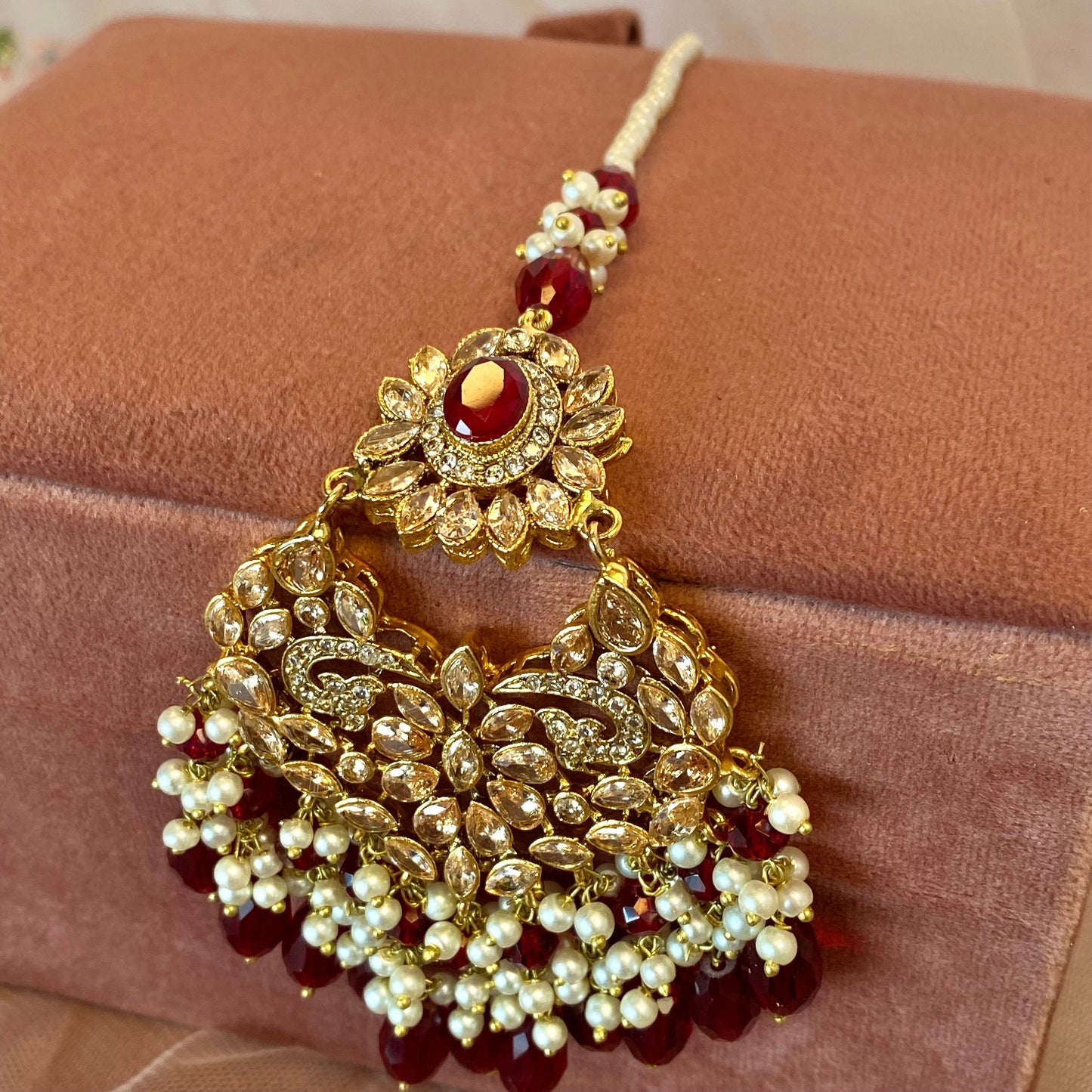 Maroon Pearl Jhumar and Tikka