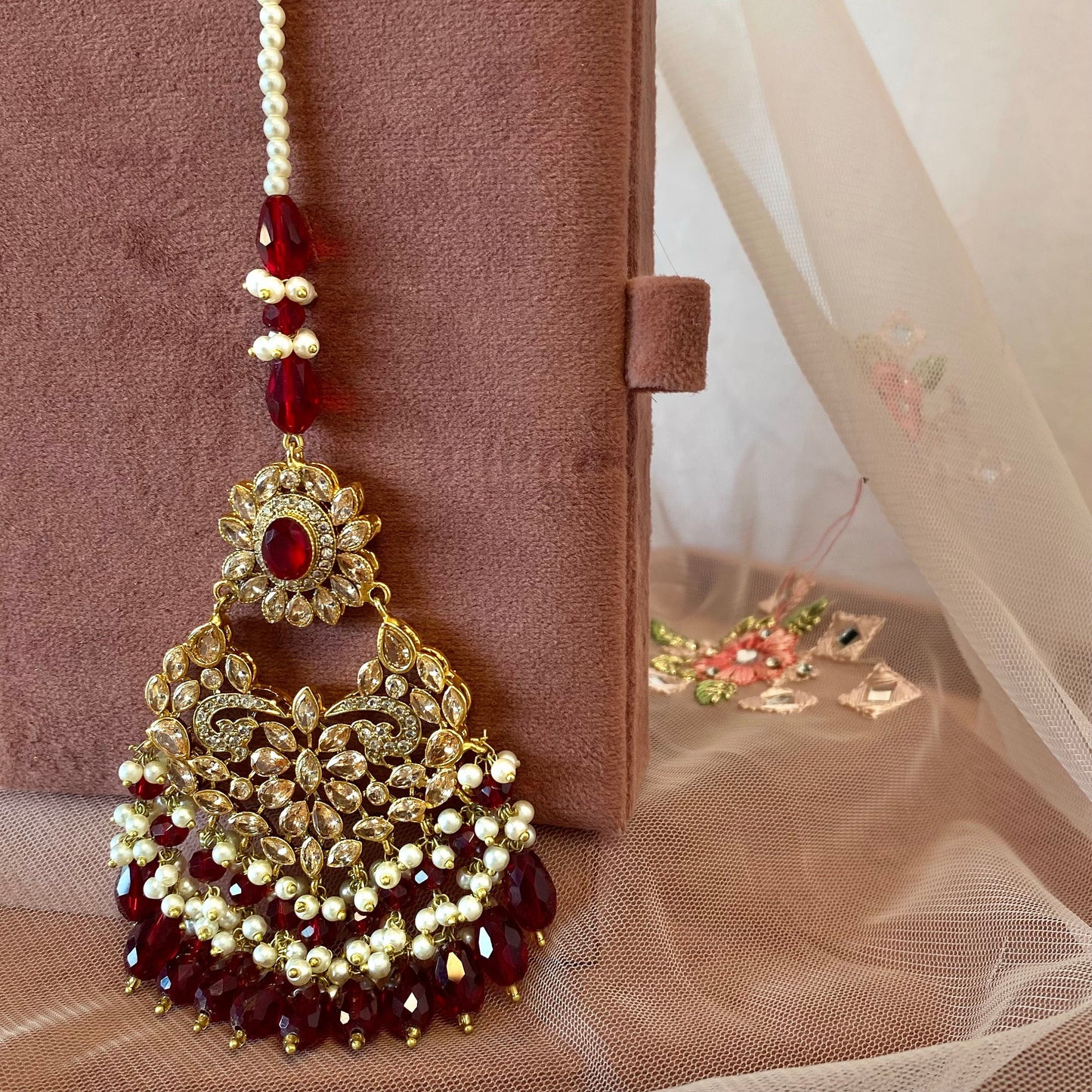 Maroon Pearl Jhumar and Tikka