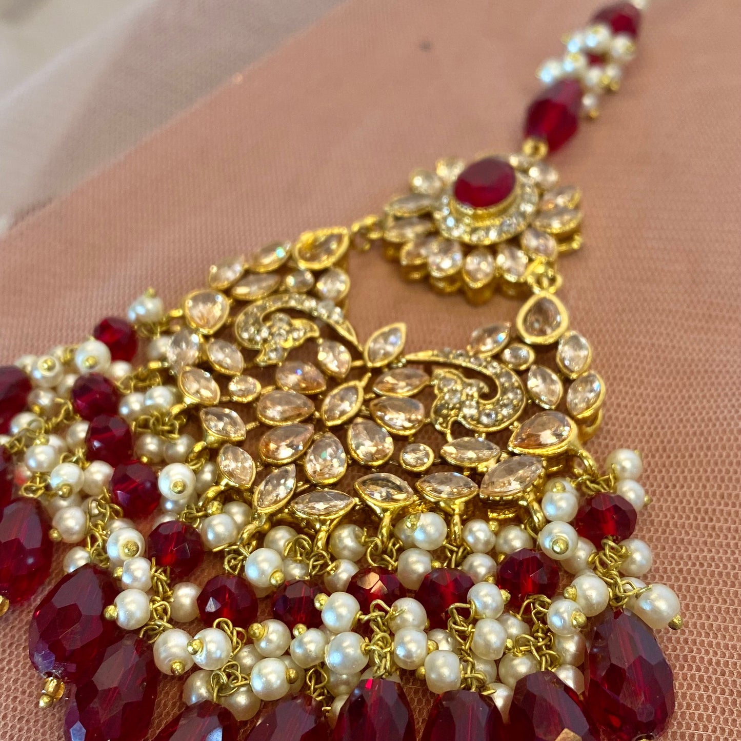 Maroon Pearl Jhumar and Tikka