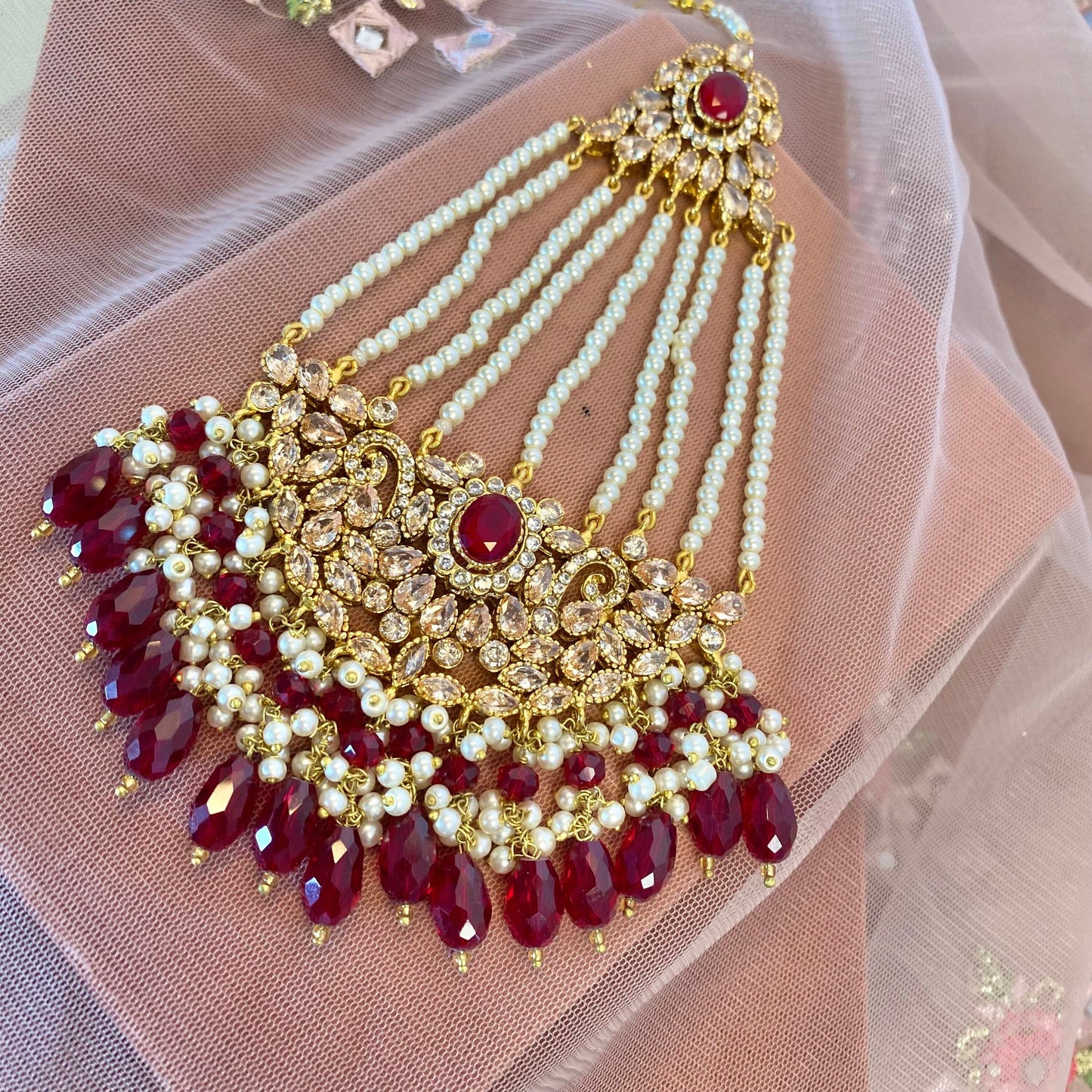 Maroon Pearl Jhumar and Tikka