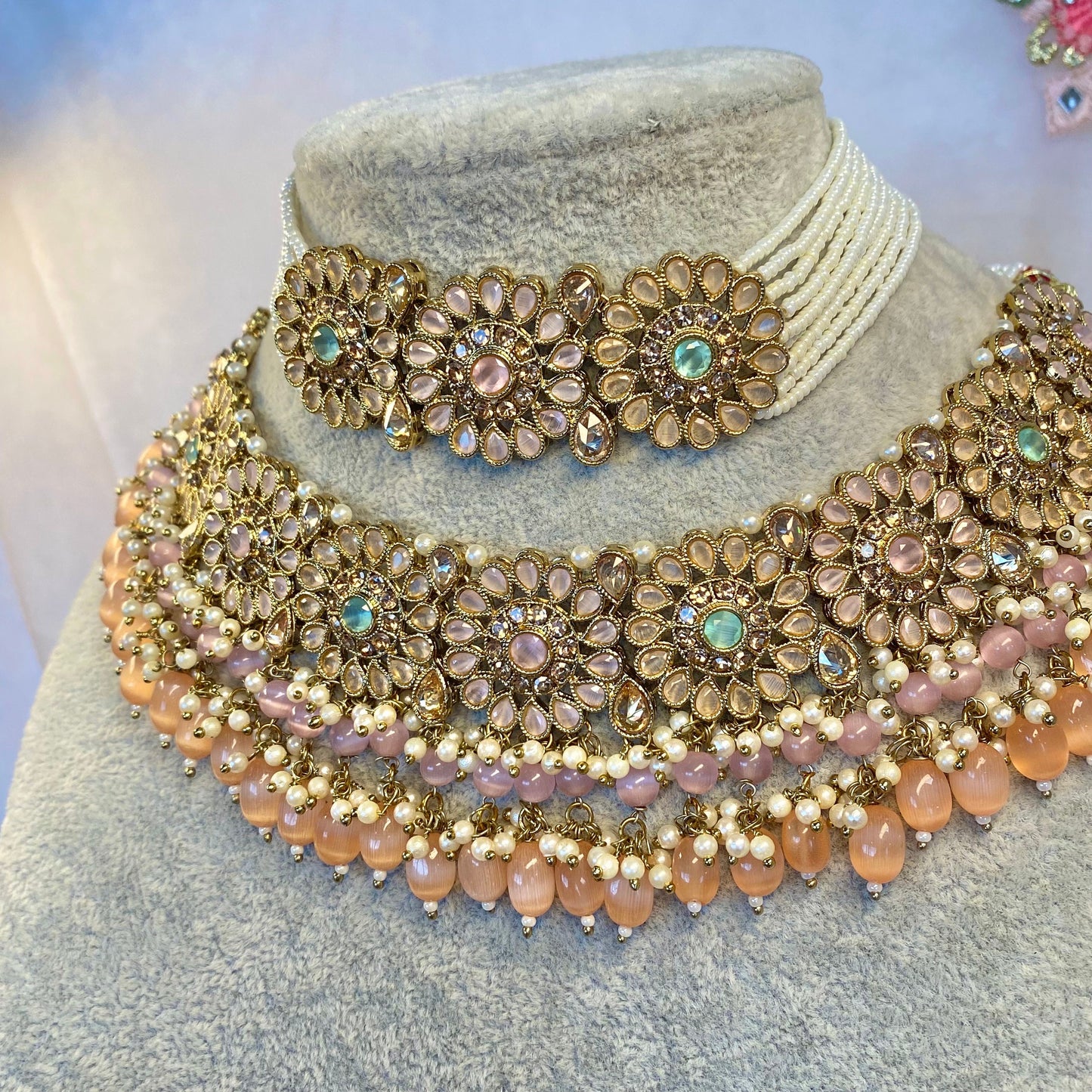 Floral Pastel Bridal Double Necklace Set (Peach/Pink)