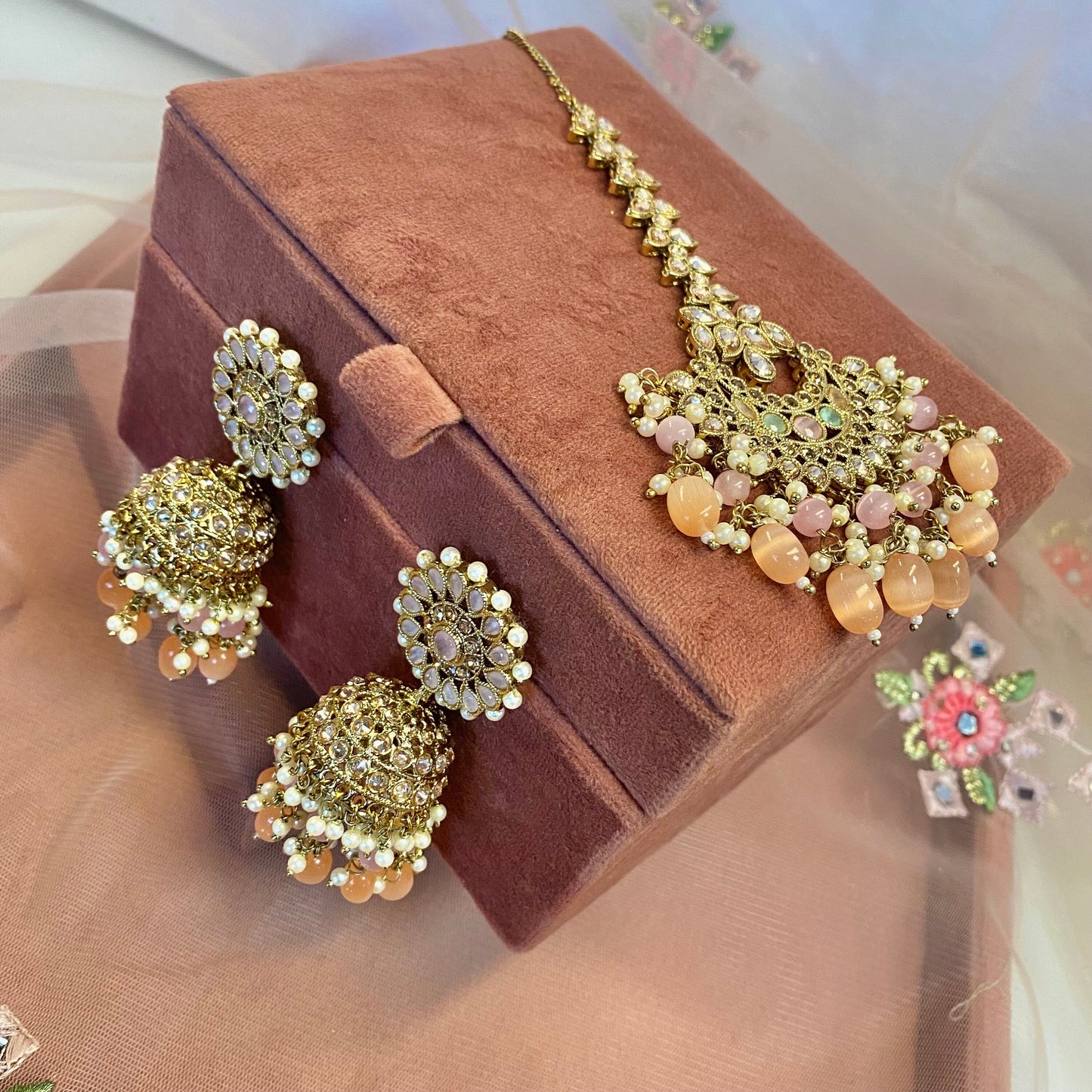 Floral Pastel Bridal Double Necklace Set (Peach/Pink)