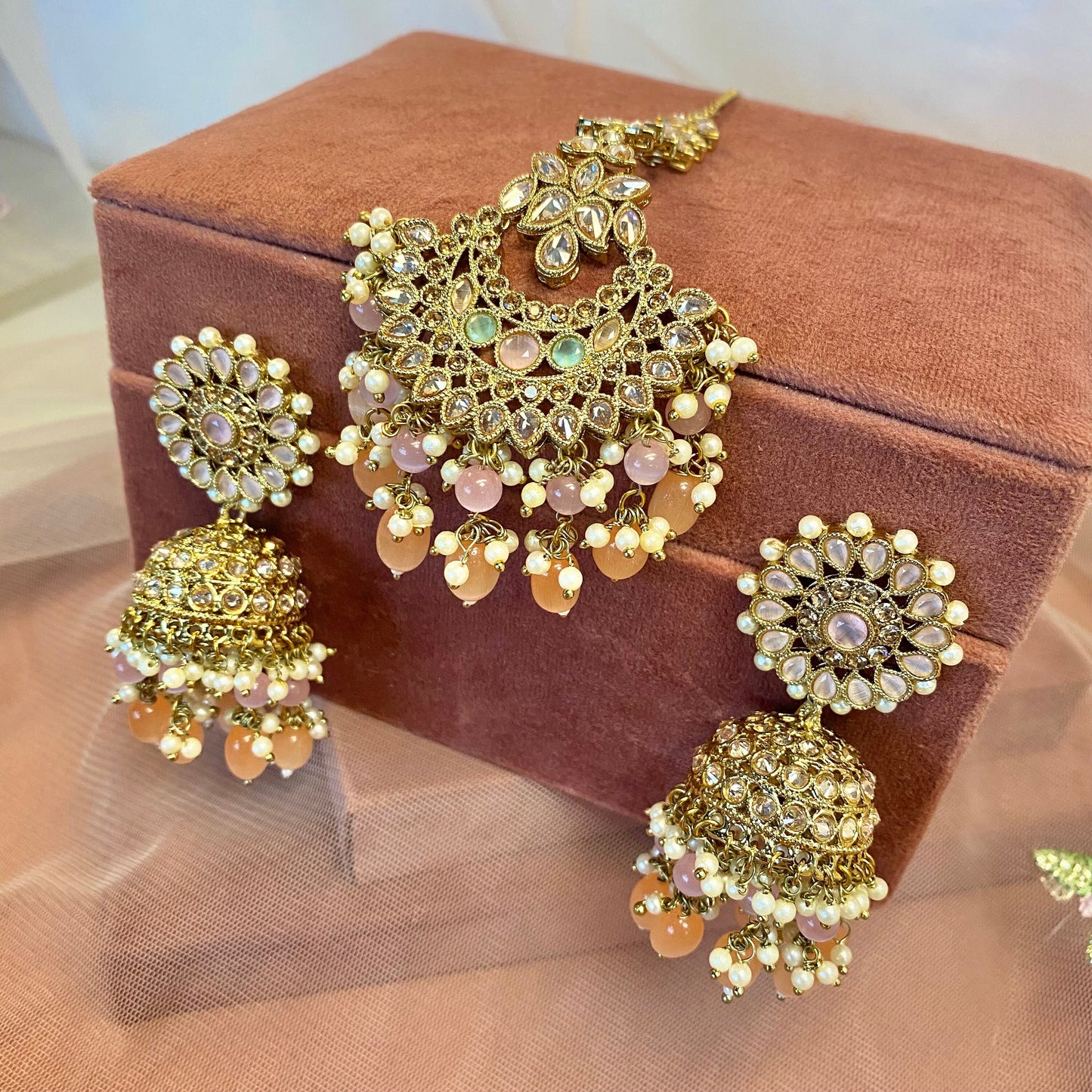 Floral Pastel Bridal Double Necklace Set (Peach/Pink)