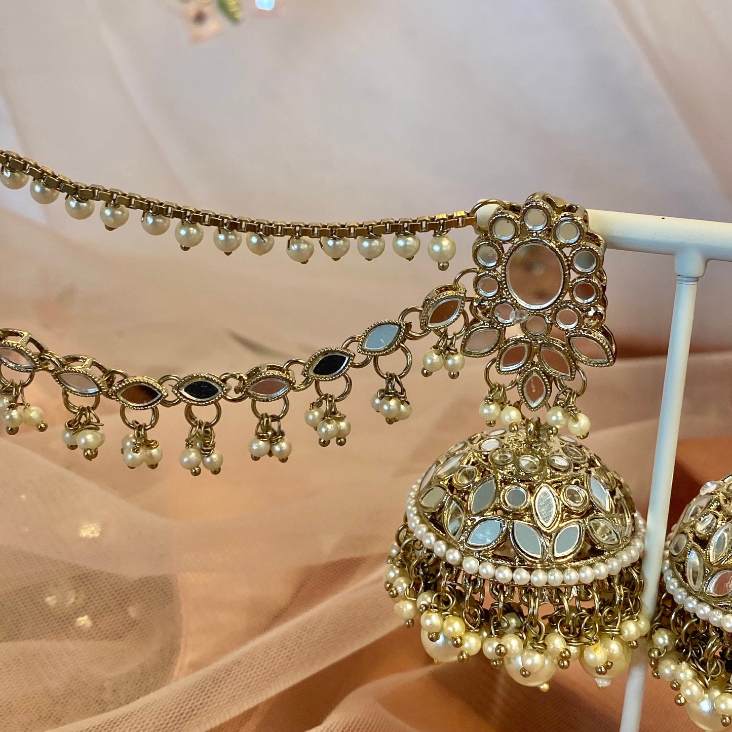 Silver Mirror Jhumka Earrings with Chain detail