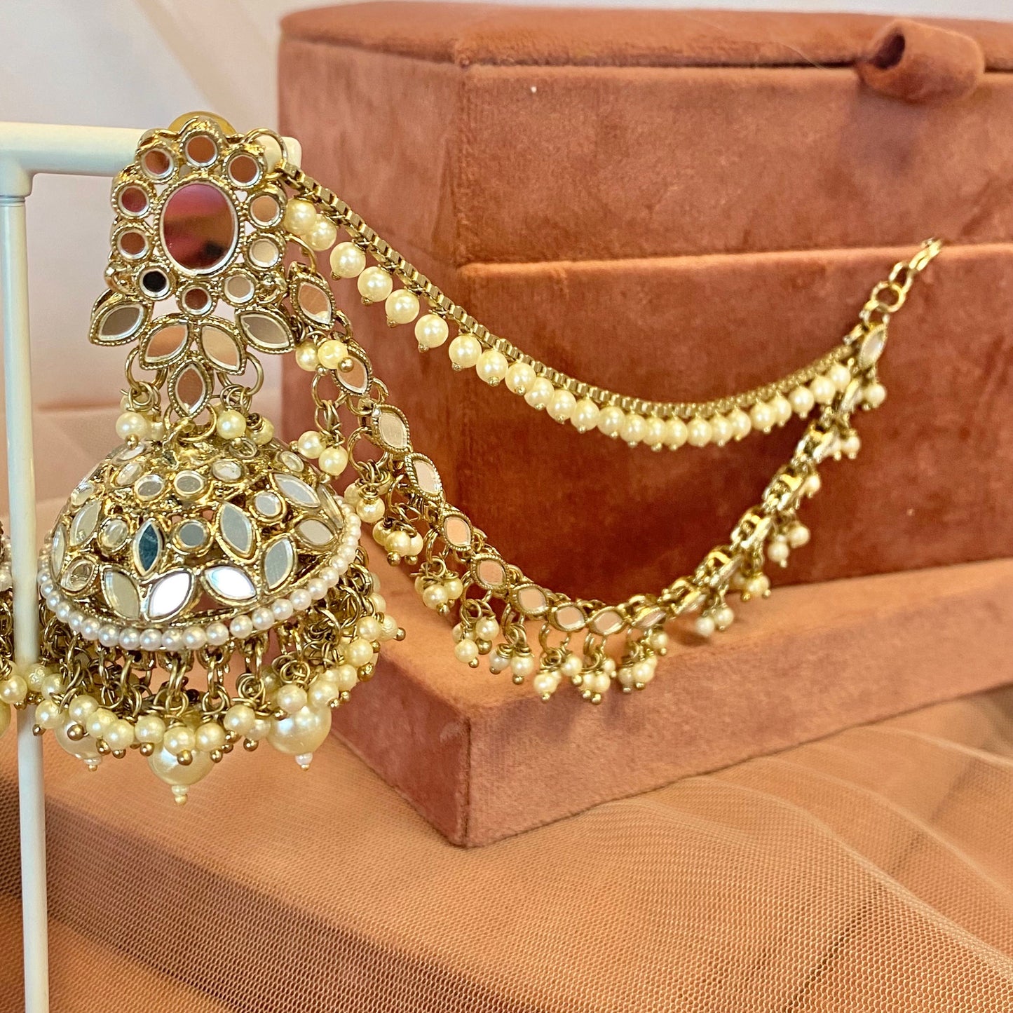 Silver Mirror Jhumka Earrings with Chain detail