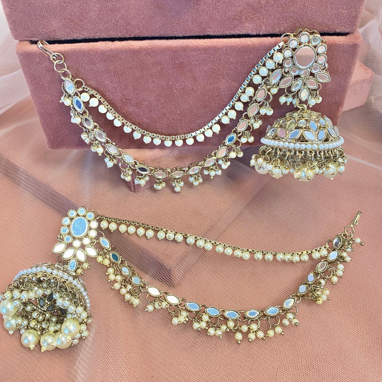 Silver Mirror Jhumka Earrings with Chain detail