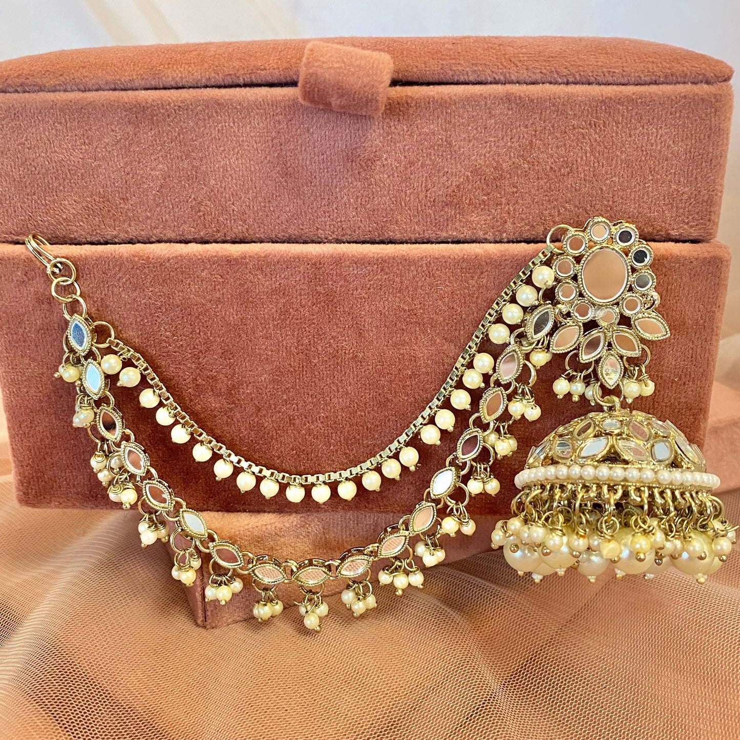 Silver Mirror Jhumka Earrings with Chain detail