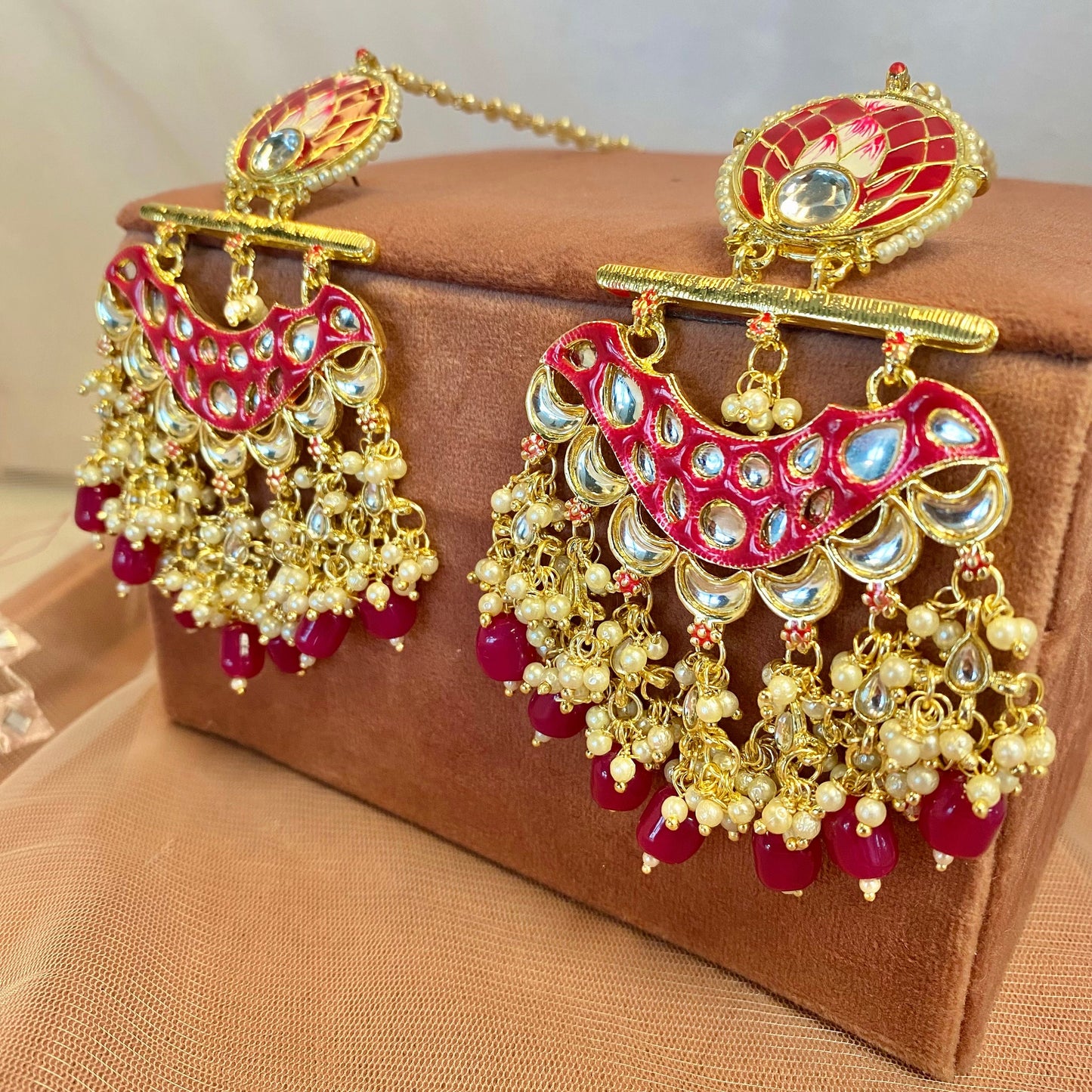 Red Meenakari/ Indian/ Pakistani Style/Golden Tassle Hand-Painted Earring