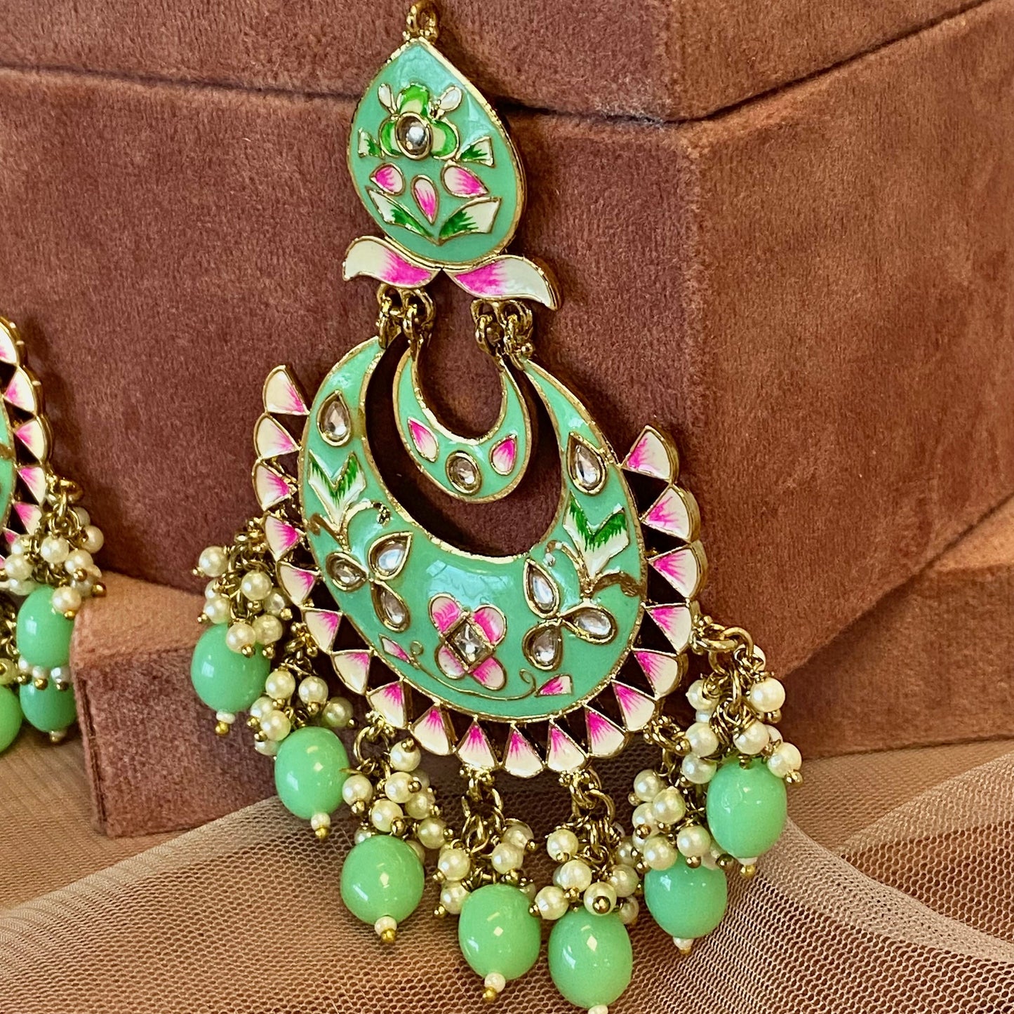 Meenakari/ Indian/ Pakistani Style/Mint and Pink Hand-Painted Earring