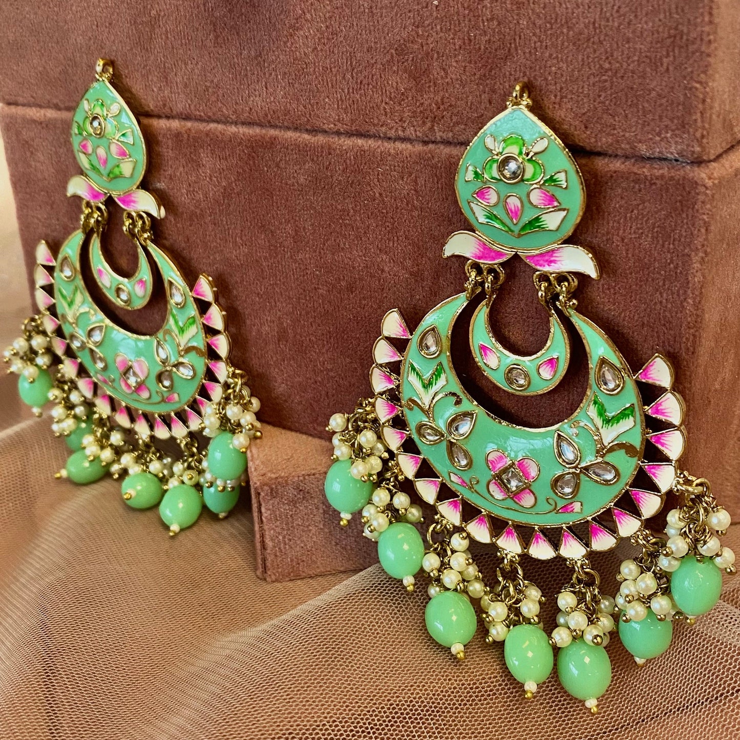 Meenakari/ Indian/ Pakistani Style/Mint and Pink Hand-Painted Earring