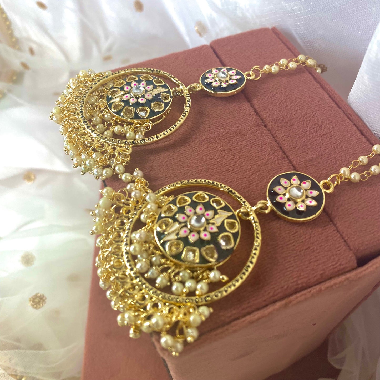 Meenakari/ Indian/ Pakistani Style/ Hand-Painted Earring (Black and Pink)