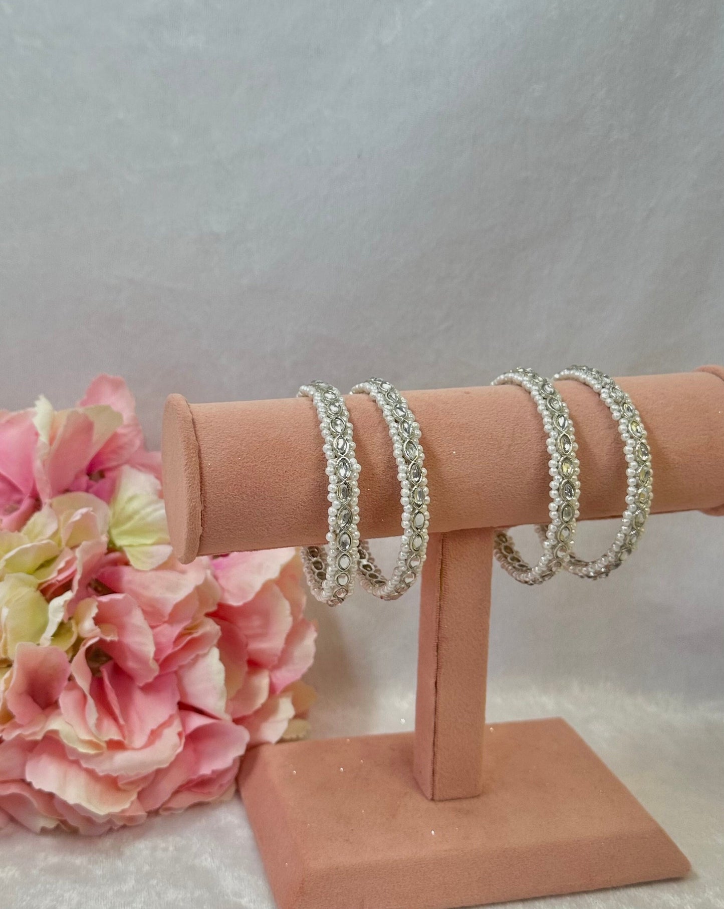 Set of 4 Silver Pearl Bangles/Indian/ Pakistani/Jewelley/ Fashion Bracelet