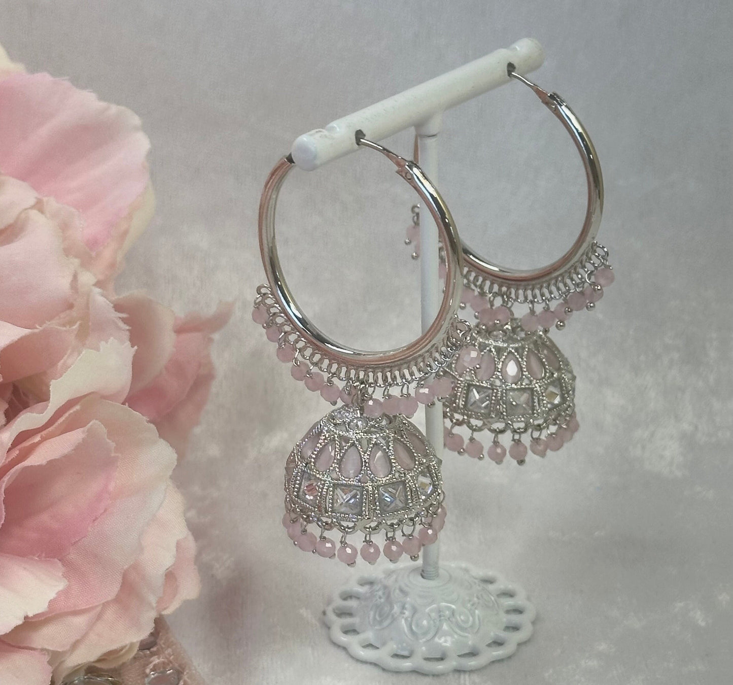 Light Pink/Silver Medium Jhumka Earrings
