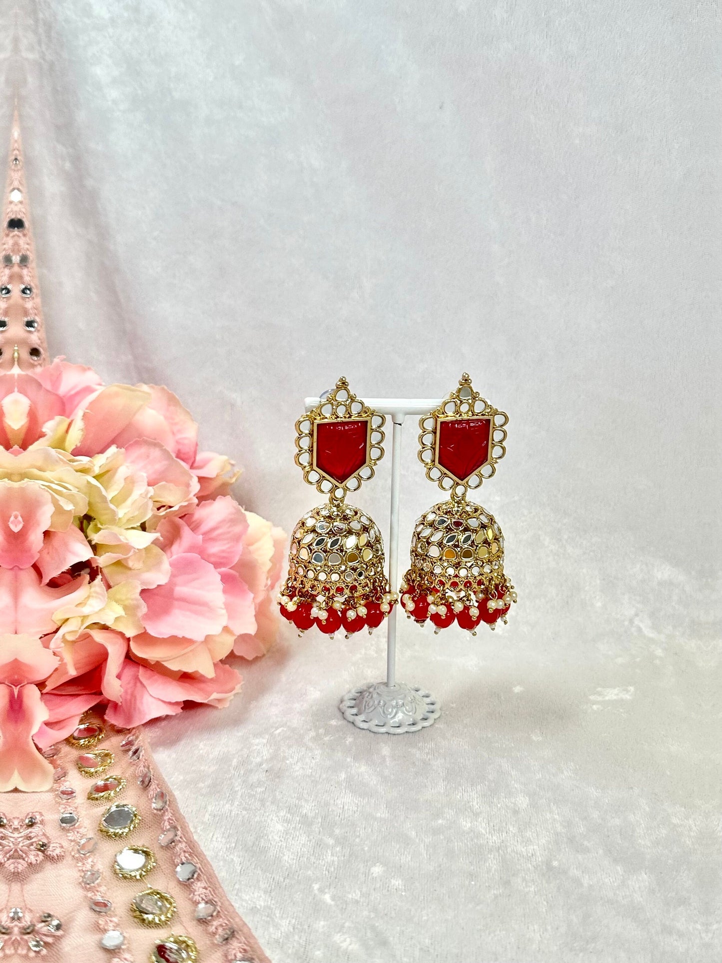 Large Mirror Jhumka Earrings - Ruby