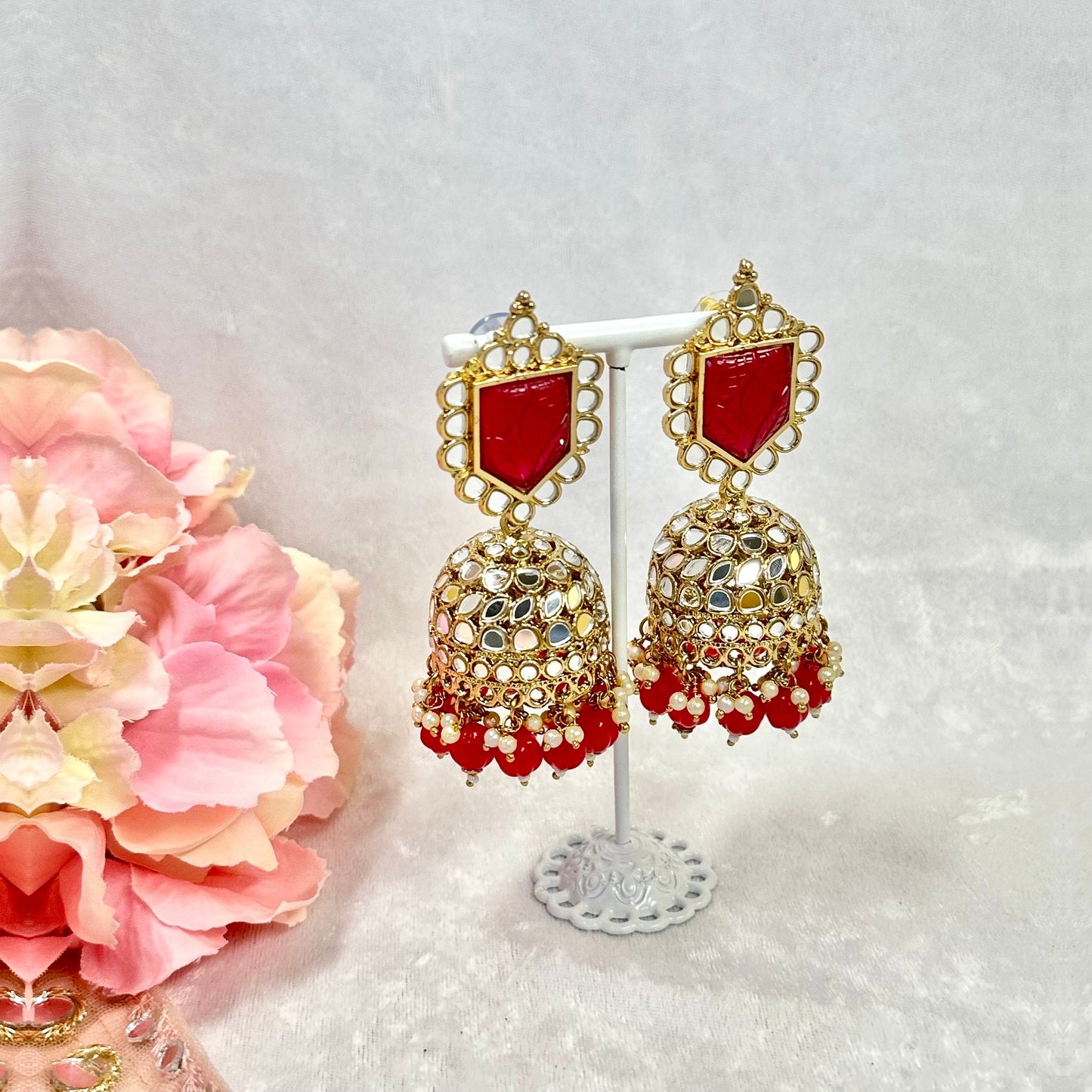 Large Mirror Jhumka Earrings - Ruby