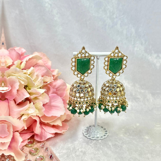 Large Mirror Jhumka Earrings - Green