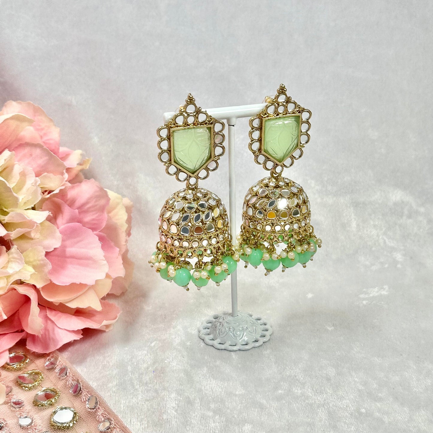 Large Mirror Jhumka Earrings - Mint