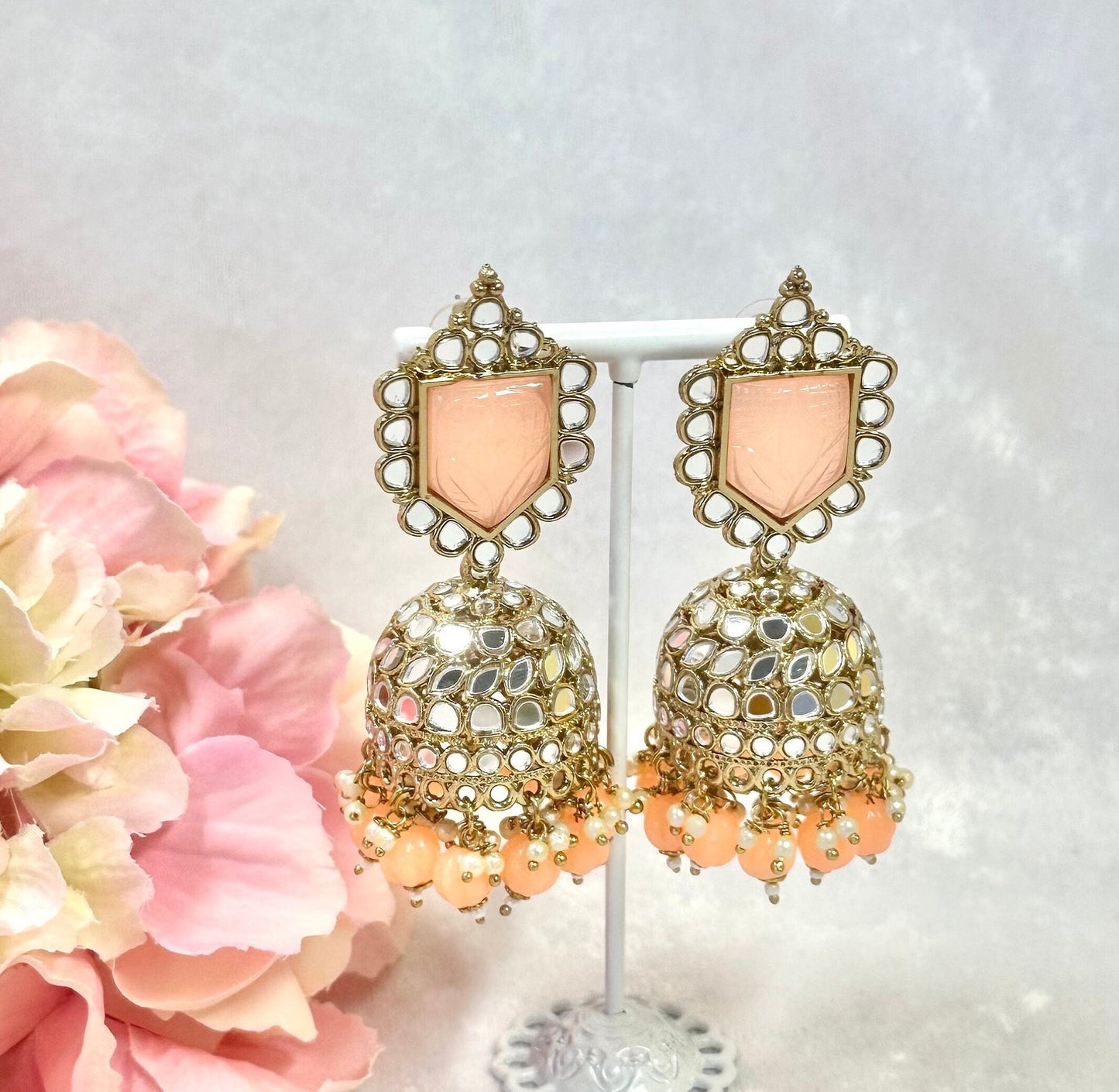 Large Mirror Jhumka Earrings - Pastel Pink Indian Style Earring/ Pakistani Fashion/ Fashion Jewellery/ Gift for Women