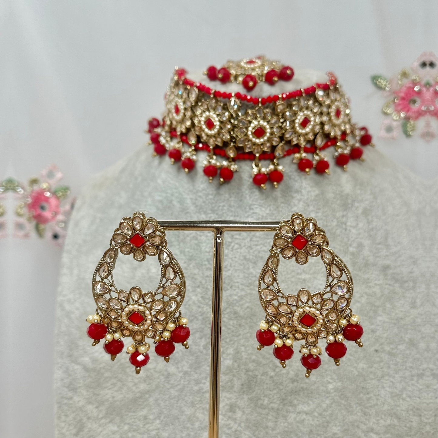 Crystal Choker Set - Red Earring/ Tikka/ Tikli/ Indian/ Pakistani/Fashion Jewellery/ Gift for Women