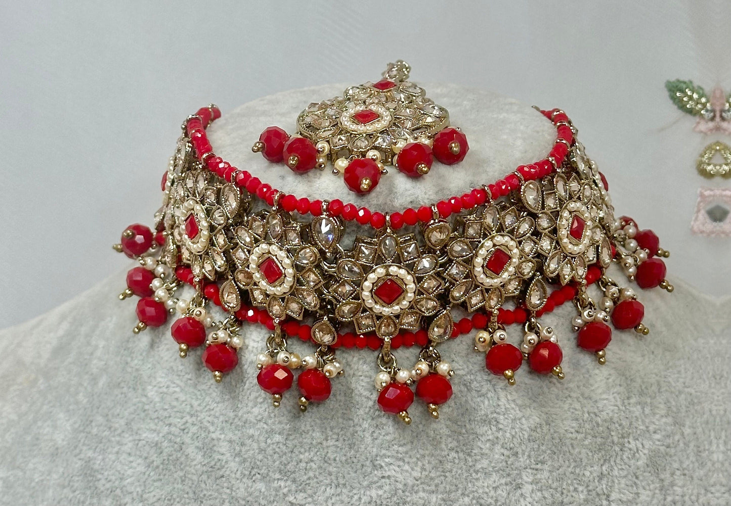 Crystal Choker Set - Red Earring/ Tikka/ Tikli/ Indian/ Pakistani/Fashion Jewellery/ Gift for Women