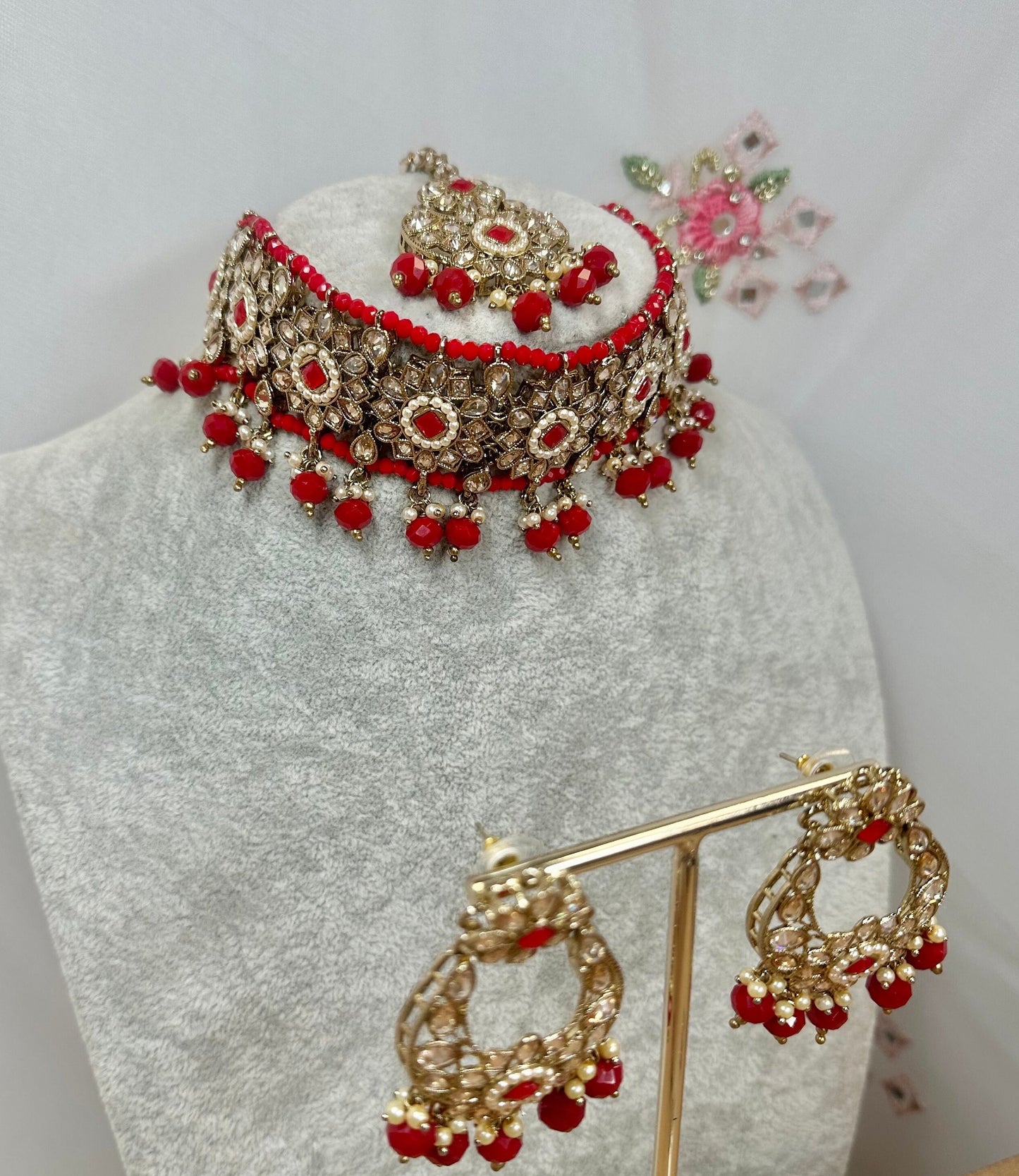 Crystal Choker Set - Red Earring/ Tikka/ Tikli/ Indian/ Pakistani/Fashion Jewellery/ Gift for Women