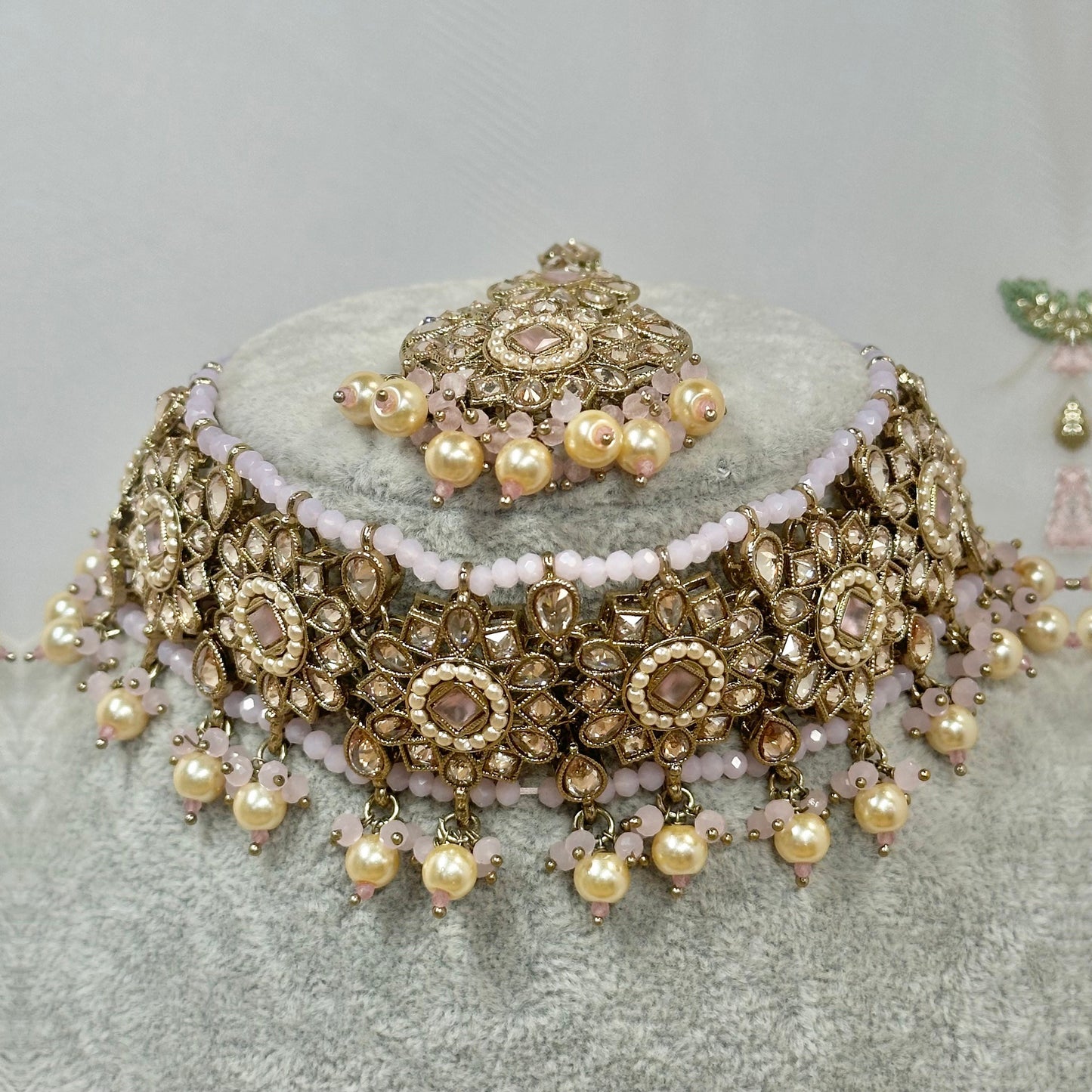 Crystal Choker Set - Light Pink Earring/ Tikka/ Tikli/ Indian/ Pakistani/Fashion Jewellery/ Gift for Women