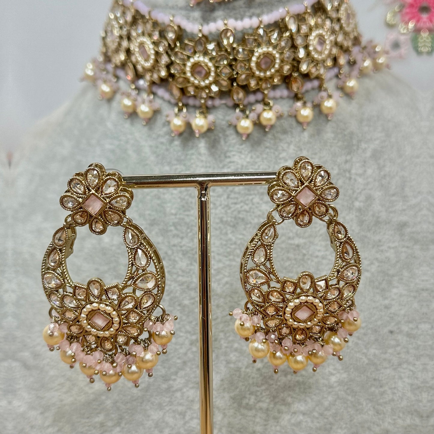 Crystal Choker Set - Light Pink Earring/ Tikka/ Tikli/ Indian/ Pakistani/Fashion Jewellery/ Gift for Women